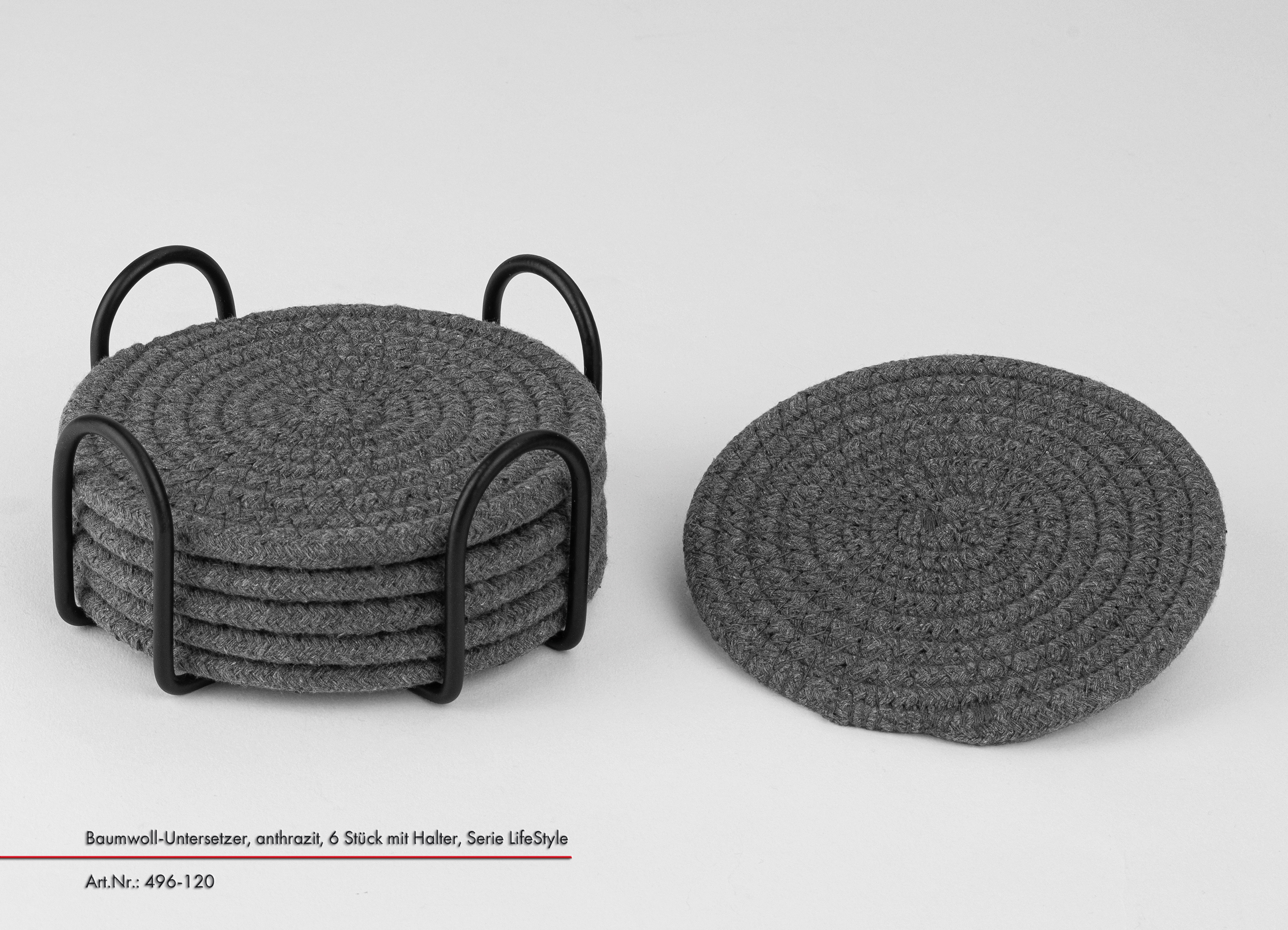 Untersetzer, 6-er Set - Baumwolle, anthrazit, mit Halter