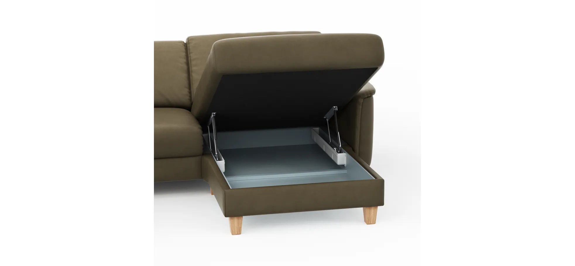 Ecksofa Mendoza - 2,5-Sitzer mit Longchair rechts, Relaxfunktion motorisch, Bettkasten, Leder, Braungrün