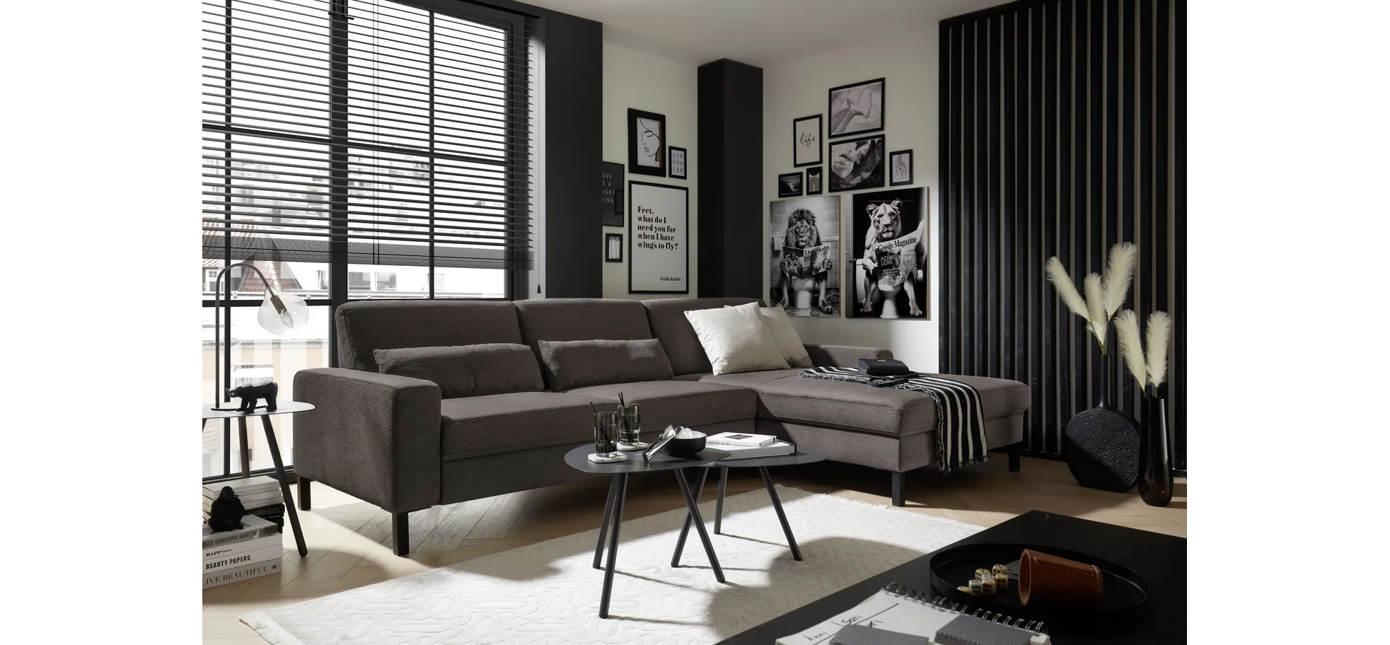  Ecksofa CALM MOVE 2.0 - 2,5-Sitzer mit Longchair rechts, Feincord, Mocca
