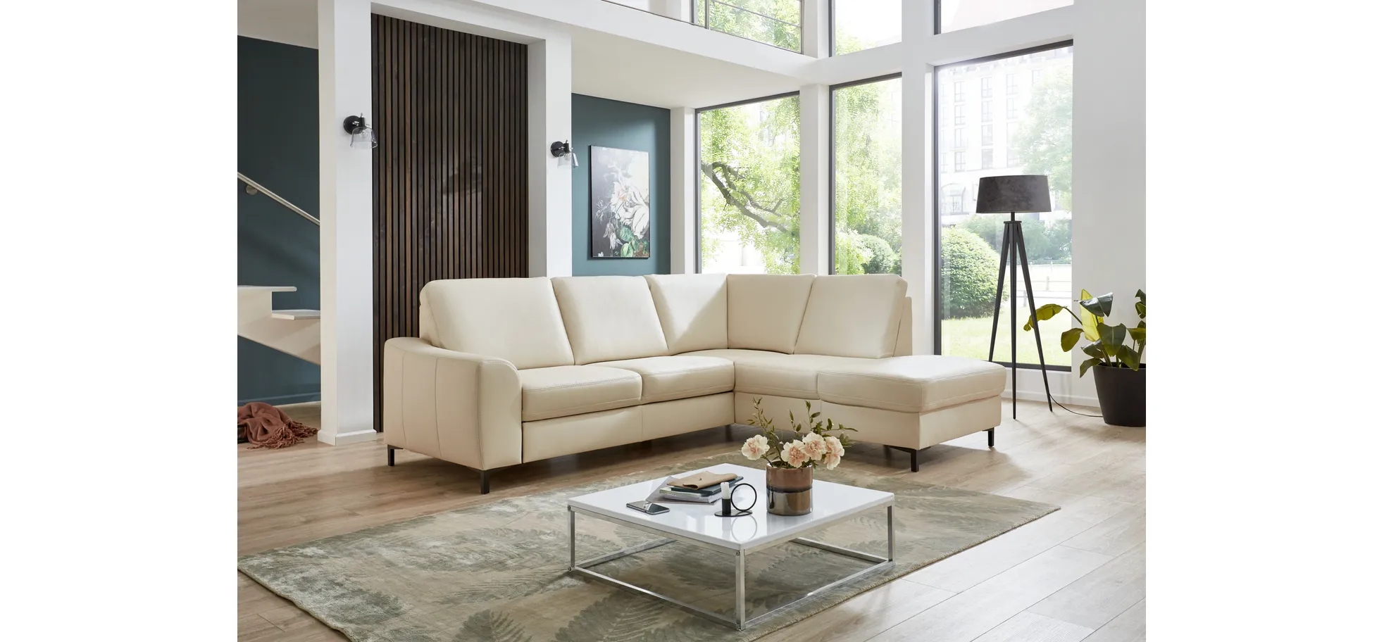 Ecksofa - 2,5-Sitzer mit Ecke rechts, Leder, Ecru