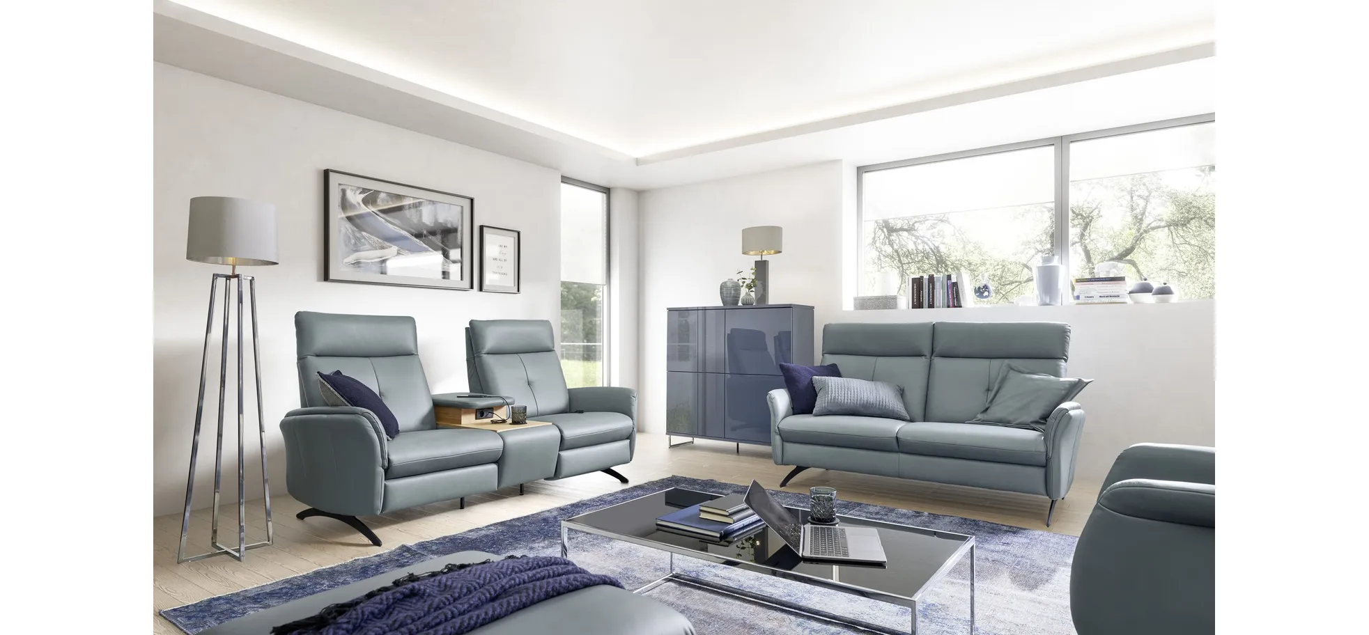 Sofa - 2,5-Sitzer, Leder, Graublau