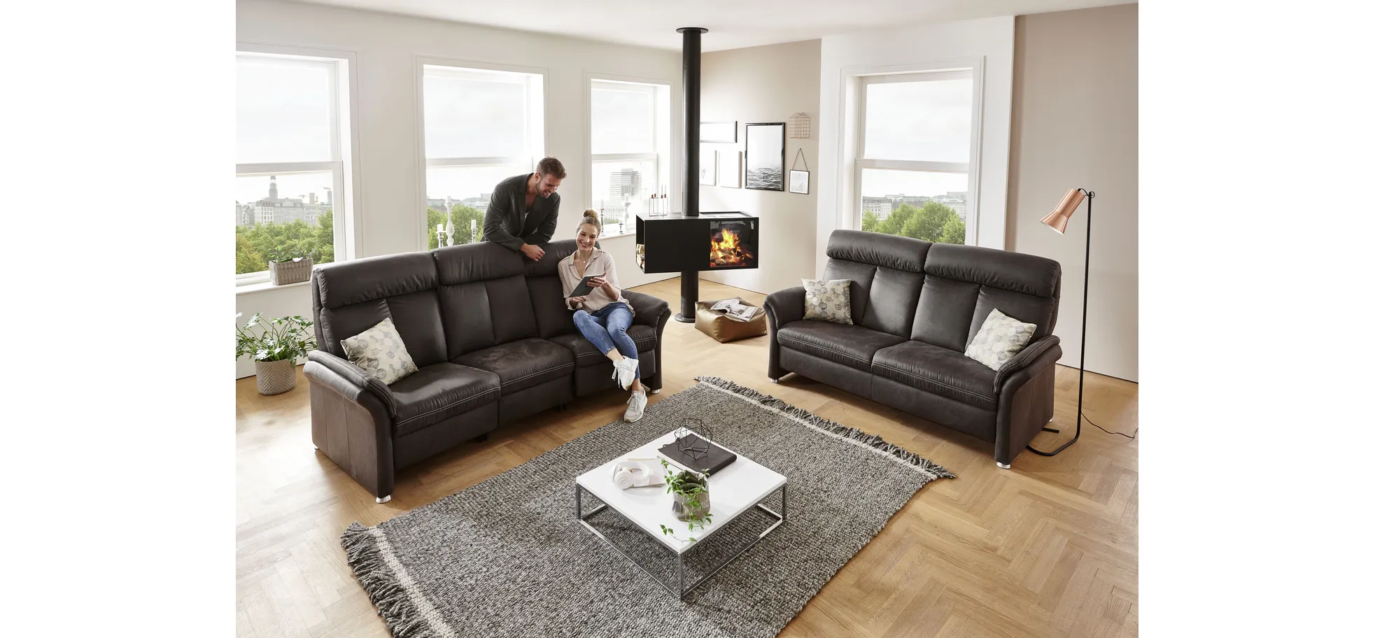 Trapezsofa - 2-Sitzer inkl. Kopfteil verstellbar, Stoff, Anthrazit
