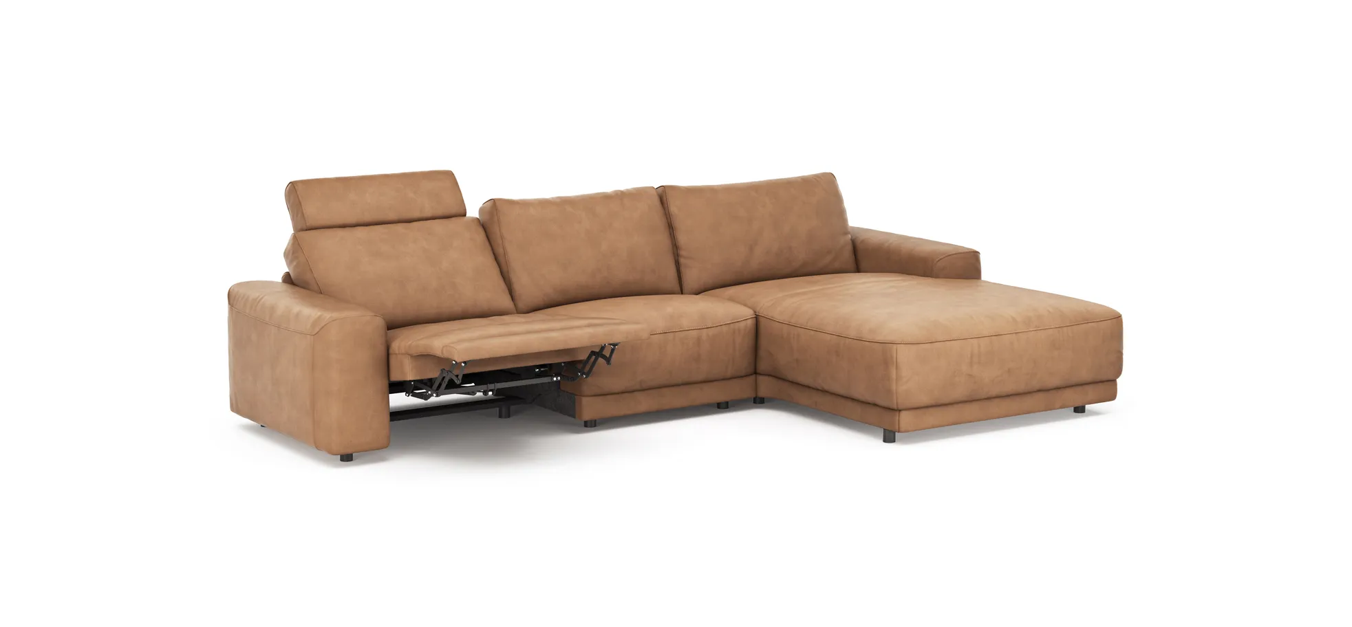 Ecksofa Balok - 2,5-Sitzer mit Longchair groß rechts, inkl. Relaxfunktion (motorisch) und Kopfstütze, Leder, Cognac