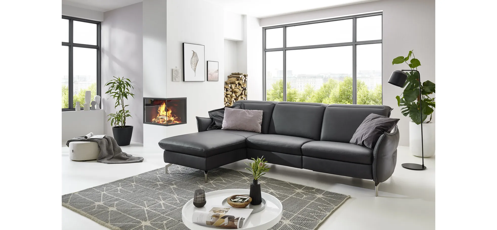 Ecksofa - Longchair links mit 2-Sitzer rechts, Leder, Anthrazit