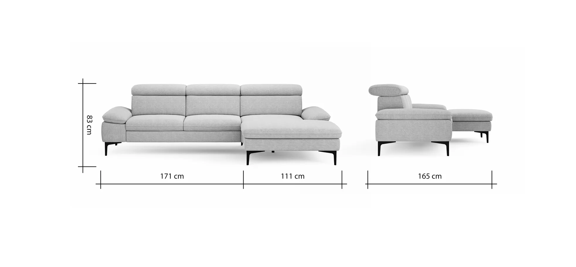 Ecksofa Felipa - 2,5-Sitzer mit Longchair rechts inkl. Kopfteil verstellbar, Stoff, Grau