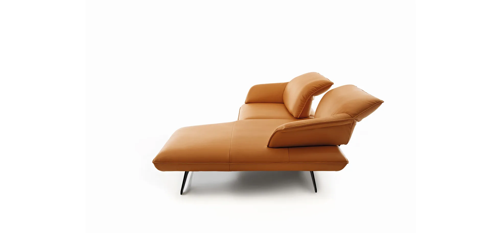 Ecksofa - 1-Sitzer mit Longchair rechts, Kopfteil/Sitztiefe verstellbar, Leder, Gold