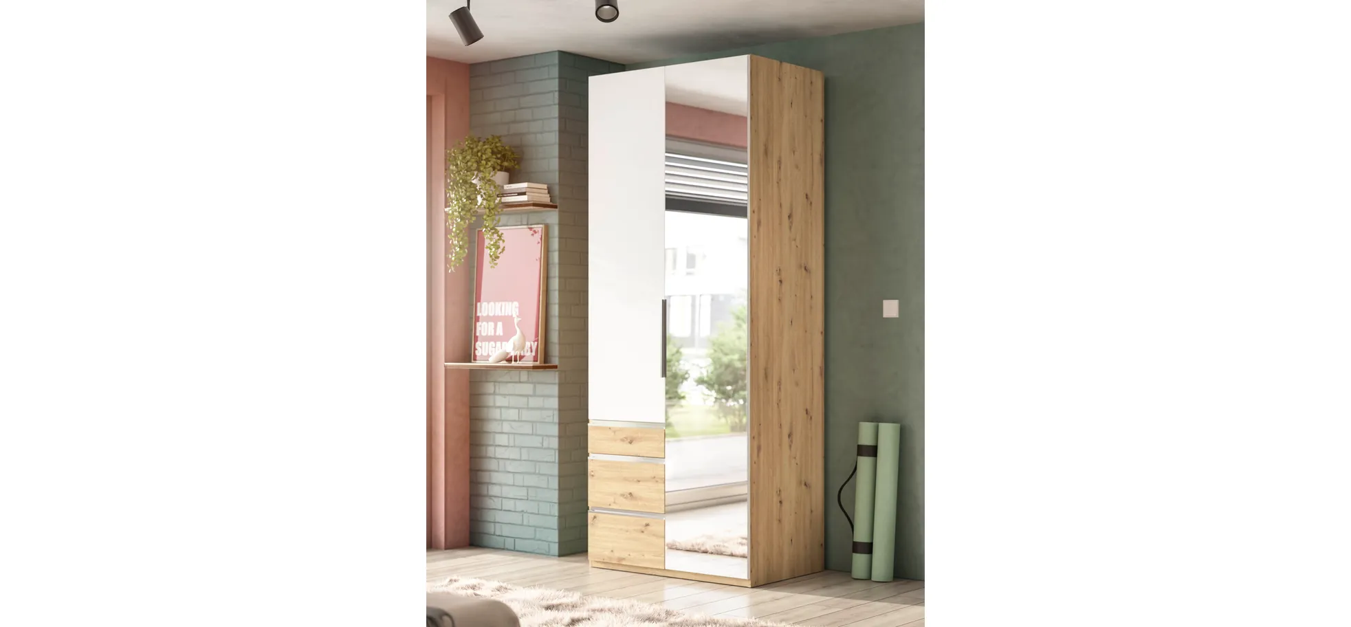 Drehtürenschrank- B ca. 100 cm, Eiche Dekor, Weiß, Spiegel