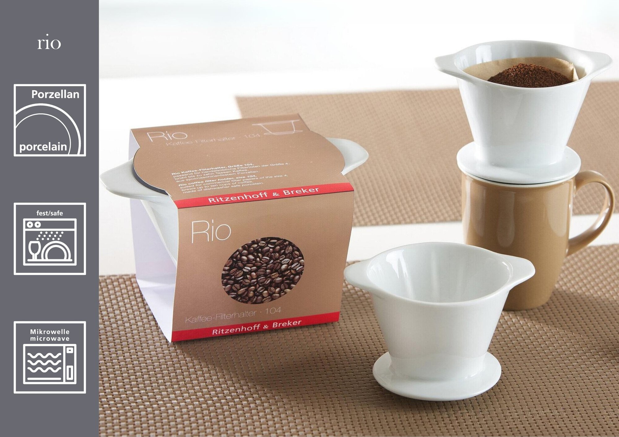 Kaffeefilter Rio Größe 104 - Porzellan, spülmaschinenfest, konisch, weiß