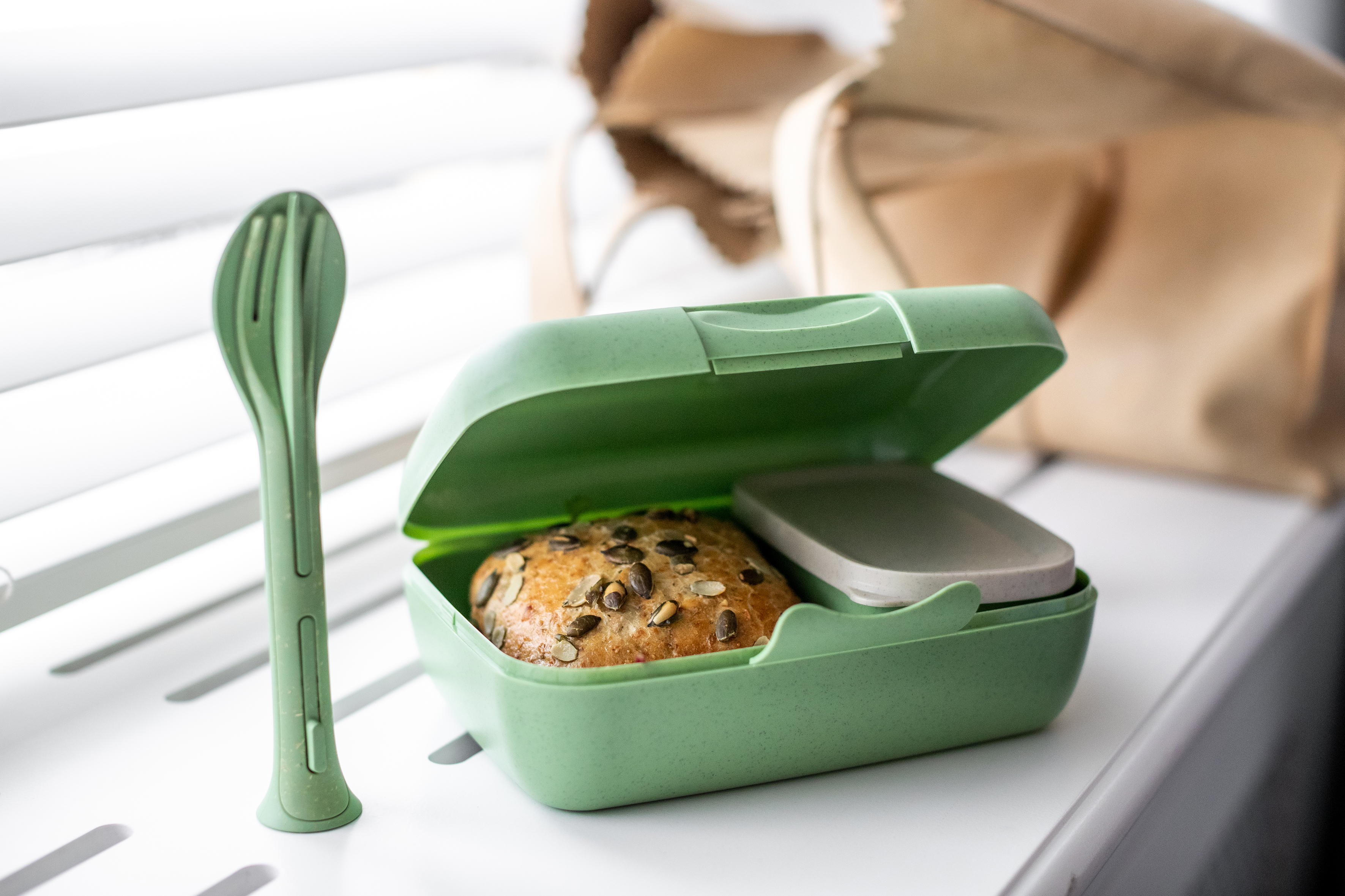 Lunchbox-Set inkl. Besteck-Set, nature leaf green - Umweltfreundlich, Lebensmittelecht,100%CO2-neutral