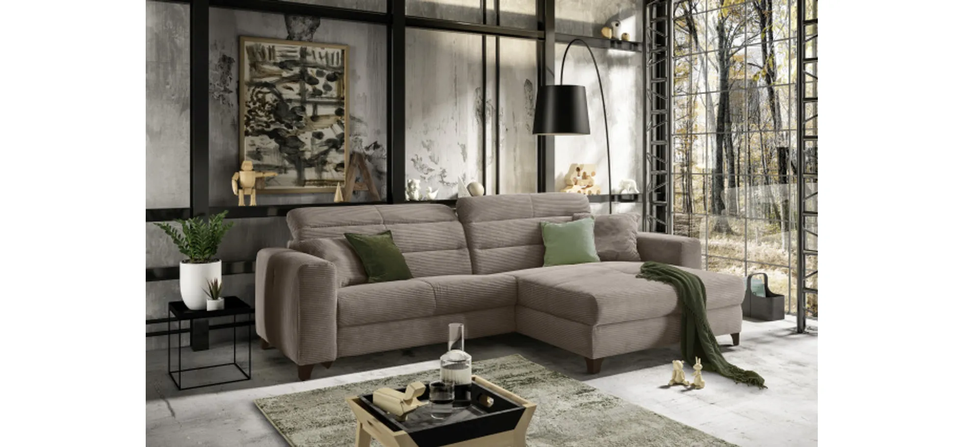 Ecksofa JAROM - 3-Sitzer, Ecke rechts inkl. Relaxfunktion (motorisch) und Kopfteil verstellbar, Stoff, Taupe