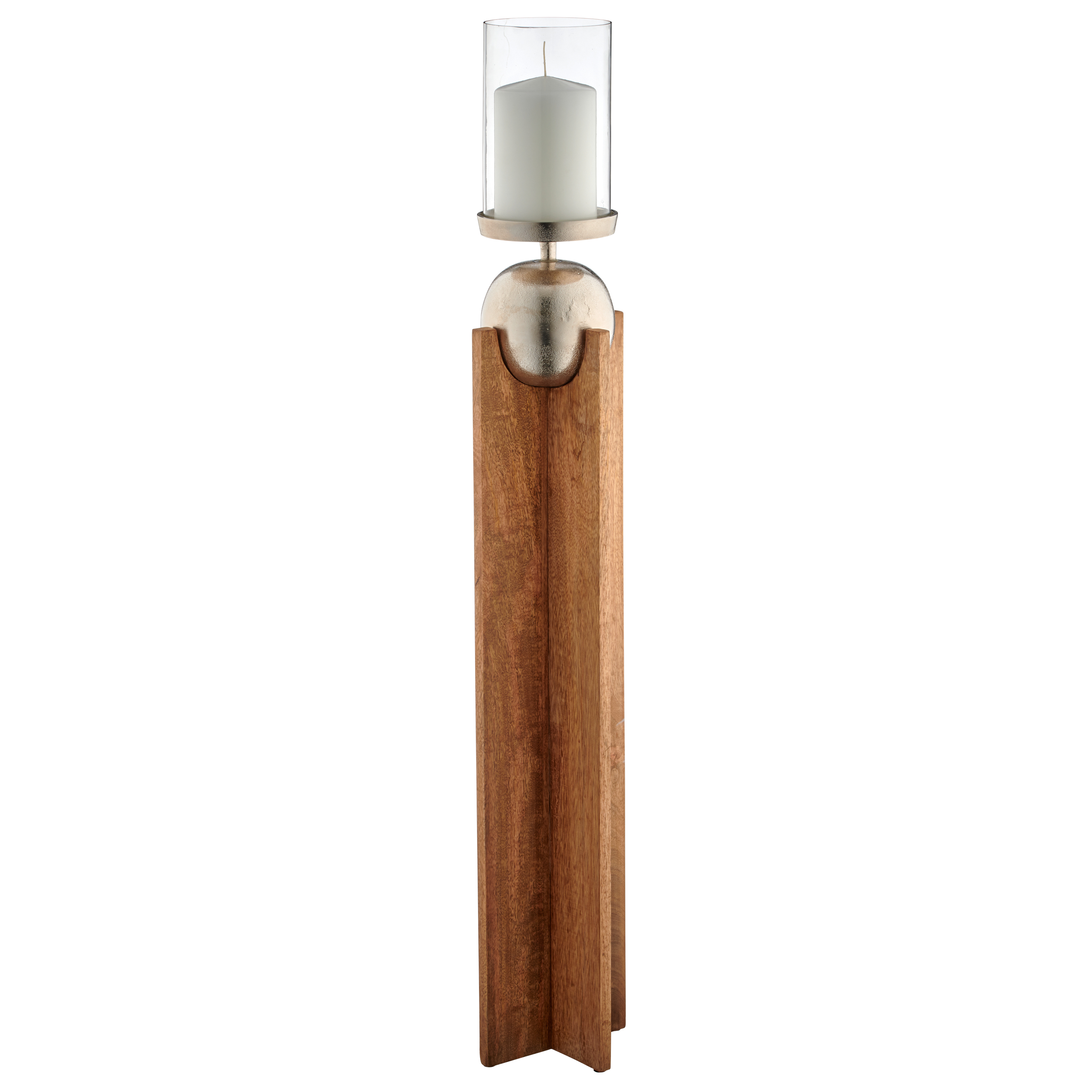 Mangoholz Windlicht mit Aluminiumkugel mit Glas - natur, ca. 18x18x110cm