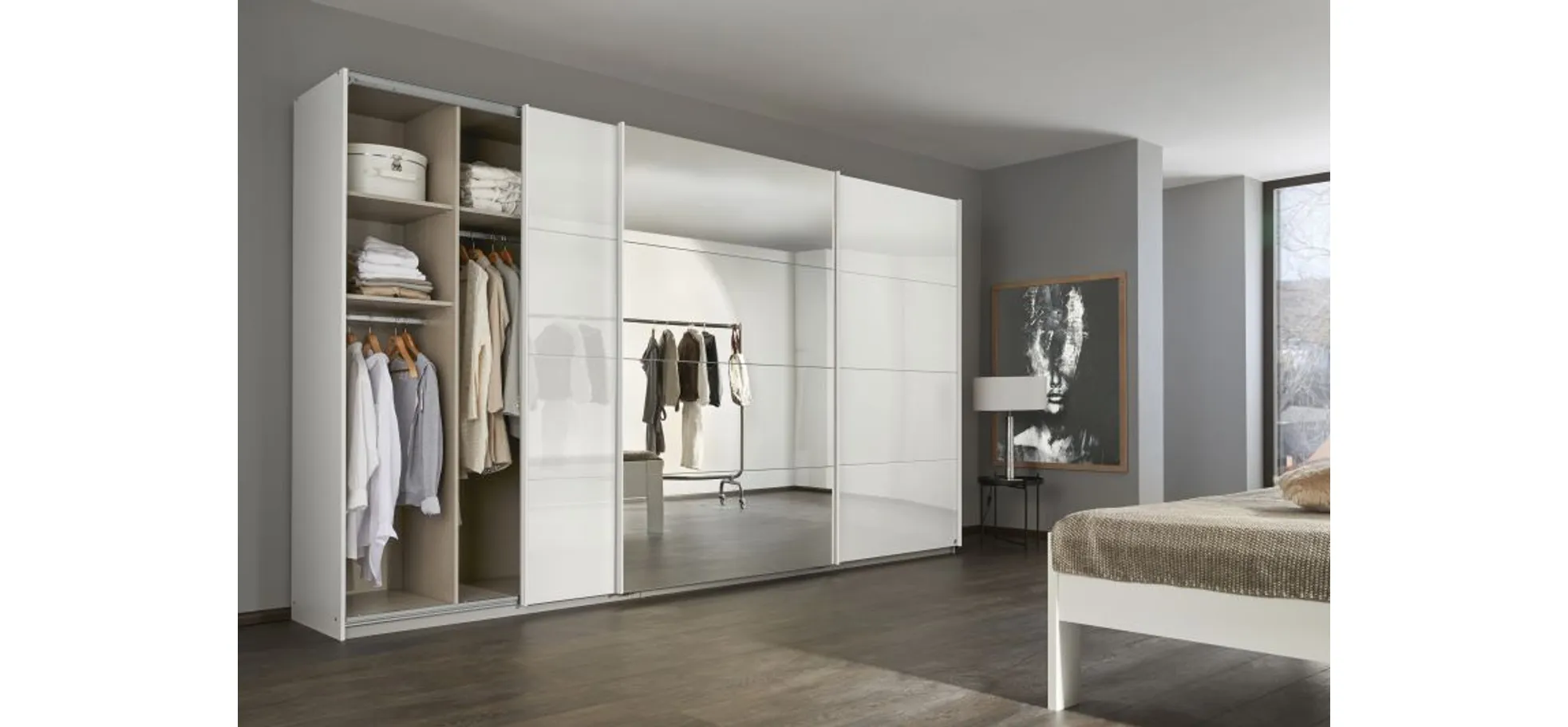 Schwebetürenschrank RIVASA- B ca. 361 cm, Weiß, Weiß Hochglanz, Spiegel
