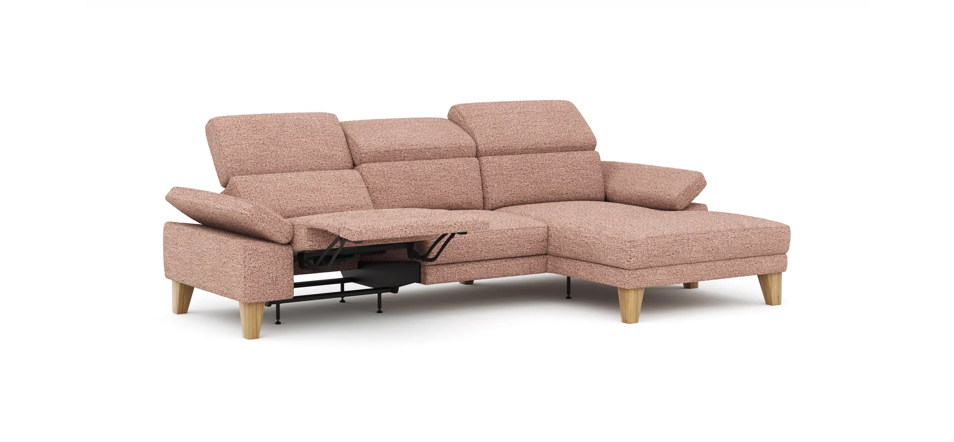 Ecksofa Hudson - 2,5-Sitzer mit Longchair rechts, inkl. Kopfteil/Armlehne verstellbar und Relaxfunktion (motorisch), Stoff, Kupfer