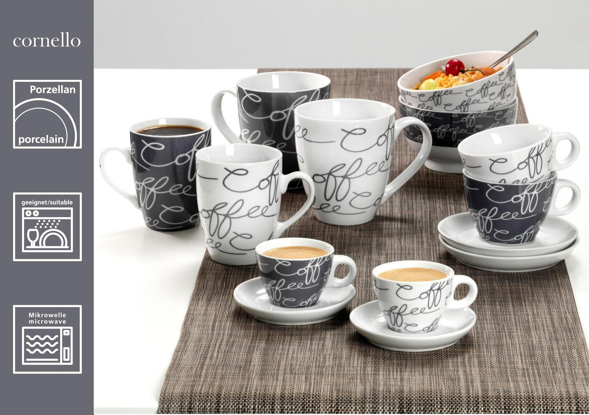 Espresso-Set Cornello Grey 4tlg. - Porzellan, spülmaschinengeeignet, konisch