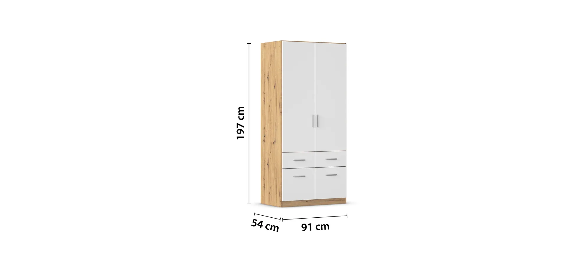 Drehtürenschrank REXY MATT- B 91 cm, Eiche Dekor, Weiß
