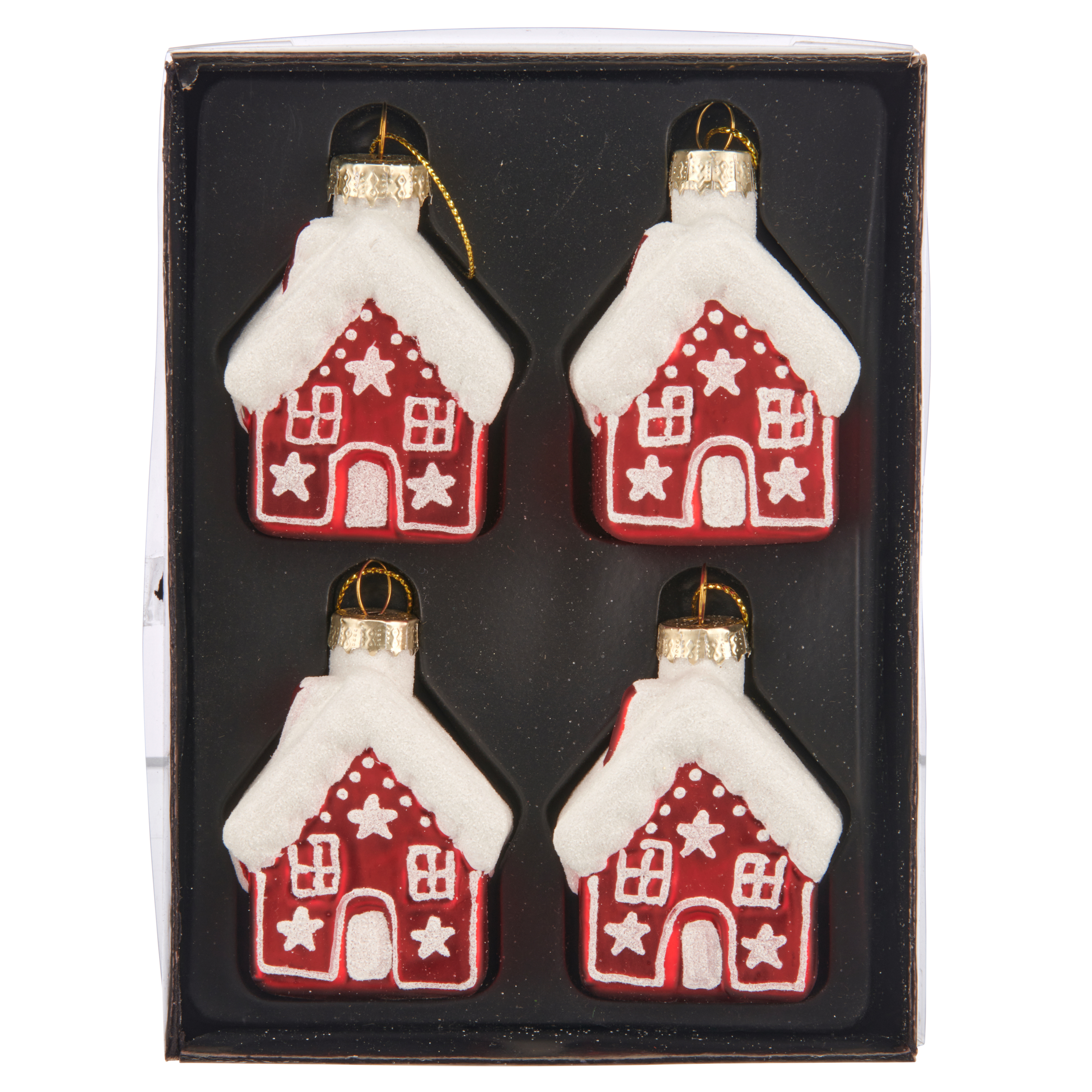 Glashänger Lebkuchenhaus, Bioglitter in 4er Box - rot, ca. 5x7cm