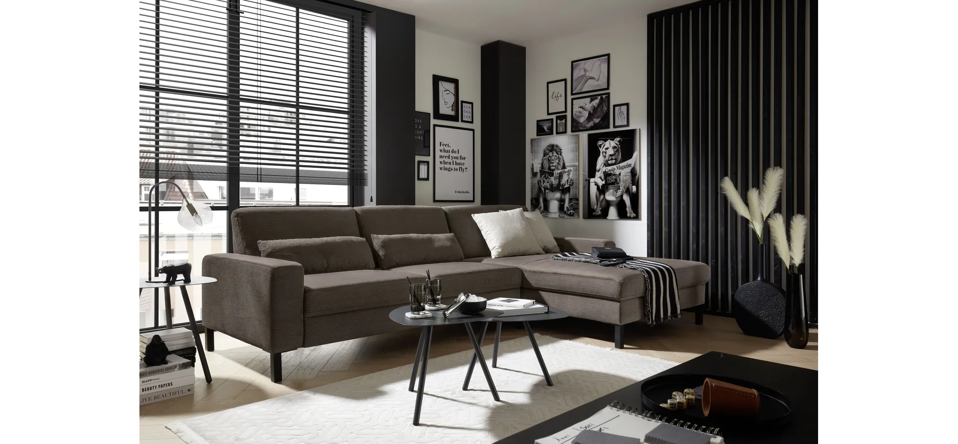  Ecksofa CALM MOVE 2.0 - 2,5-Sitzer mit Longchair rechts, Feincord, Taupe
