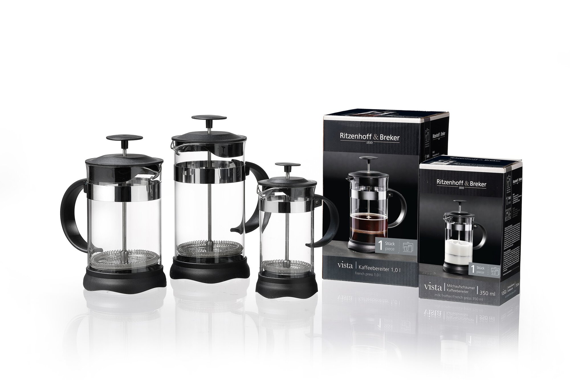 Milchschäumer/Kaffeebereiter Vista 350 ml - Borosilikatglas, Edelstahl u. Kunststoff, zylindr.
