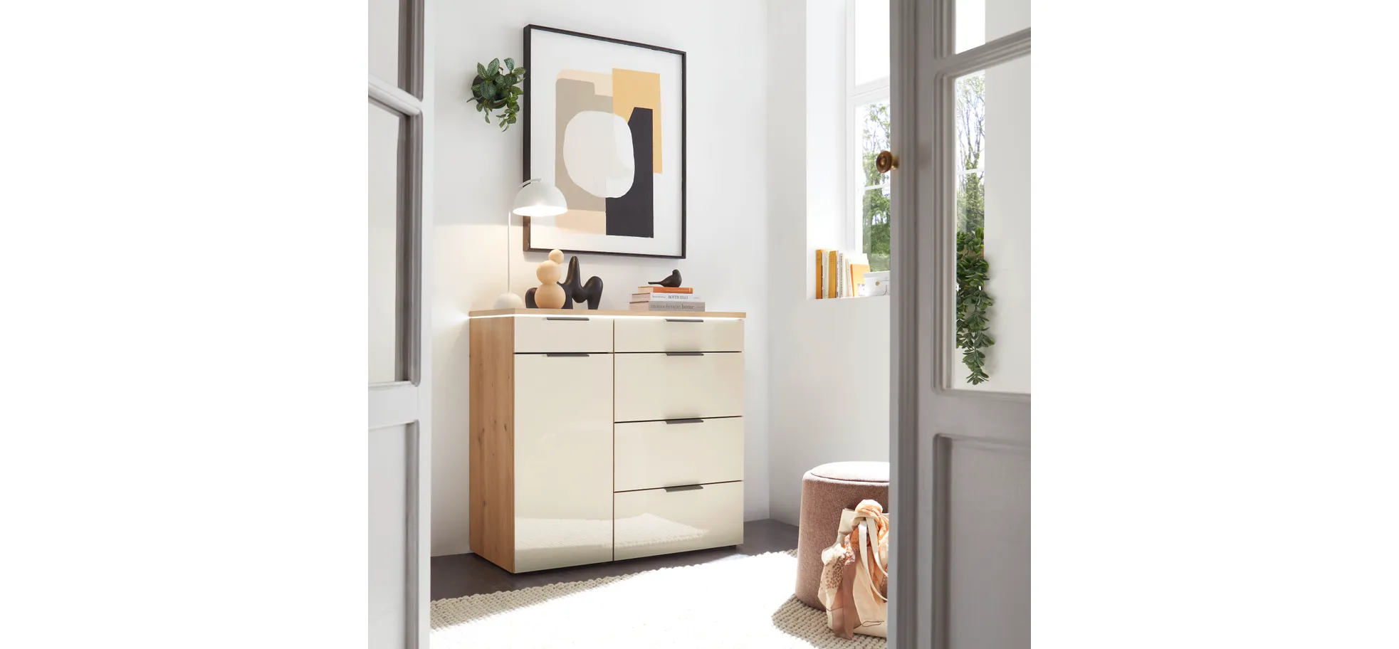 Kombikommode - Bianco-Eiche-Nachbildung, Glas Champagner