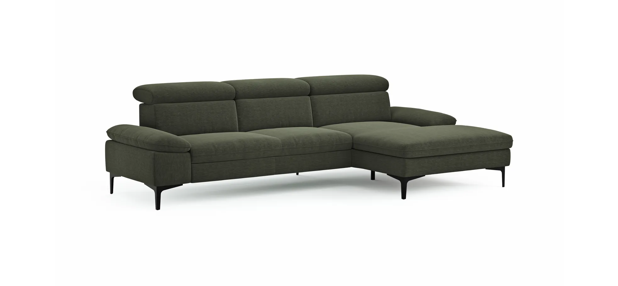 Ecksofa Felipa - 2,5-Sitzer mit Longchair rechts inkl. Kopfteil verstellbar, Stoff, Dunkelgrün