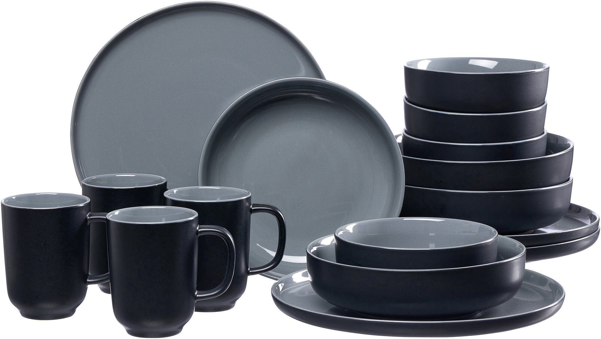Kombiset Jasper Schwarz 16tlg. - Steinzeug, spülmaschinenfest, rund, schwarz