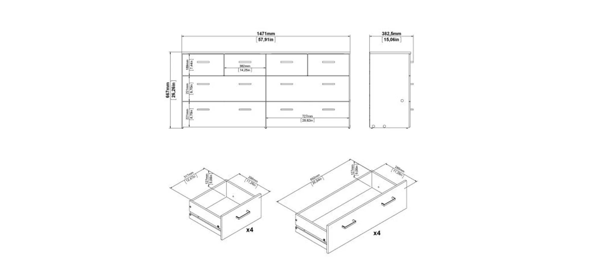 Kommode - B ca. 147 cm, Eiche Struktur Nachbildung, Weiß