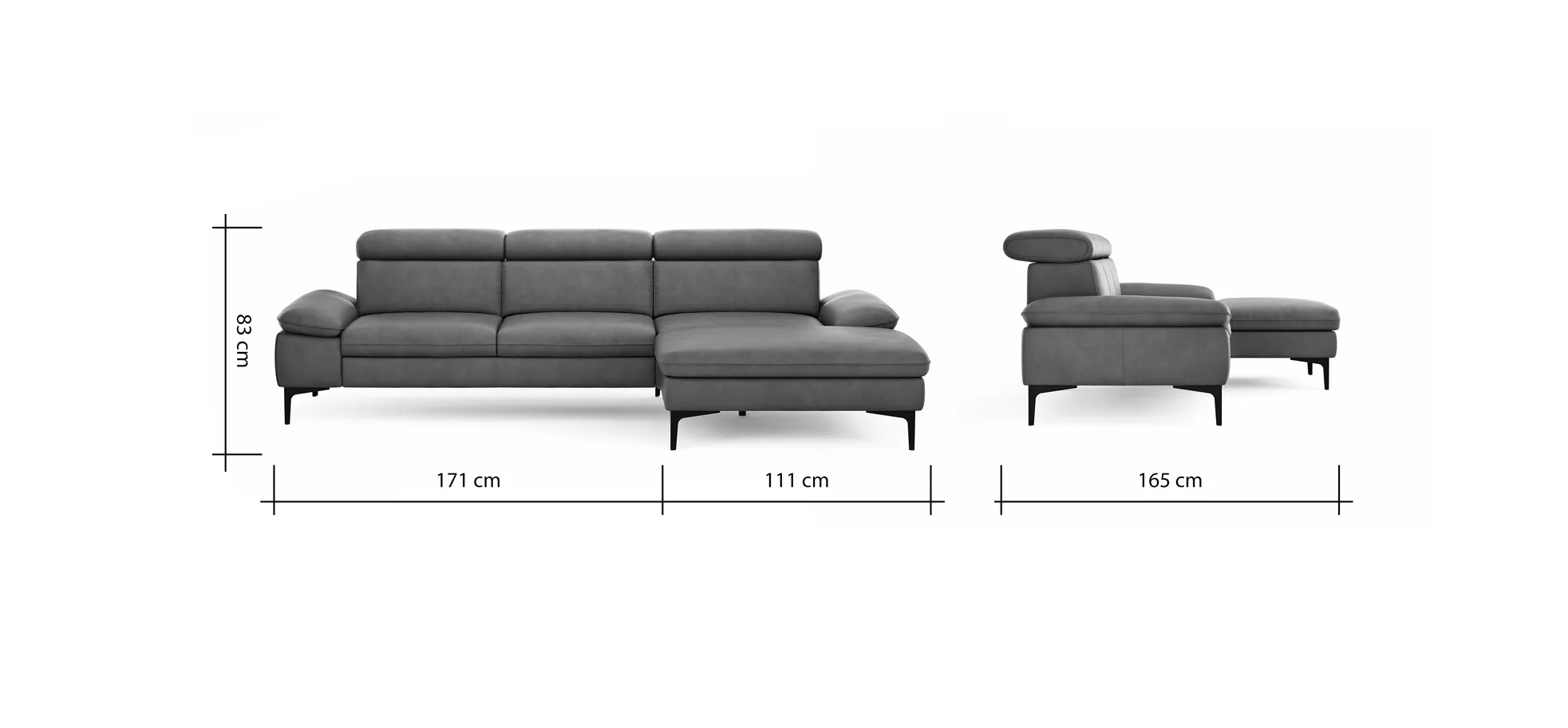 Ecksofa Felipa - 2,5-Sitzer mit Longchair rechts inkl. Kopfteil verstellbar, Leder, Grau