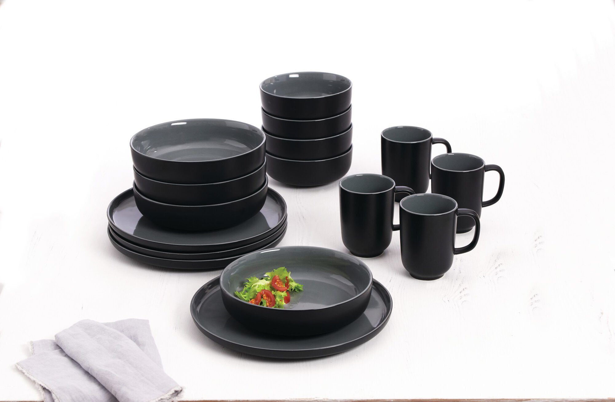 Kombiset Jasper Schwarz 16tlg. - Steinzeug, spülmaschinenfest, rund, schwarz