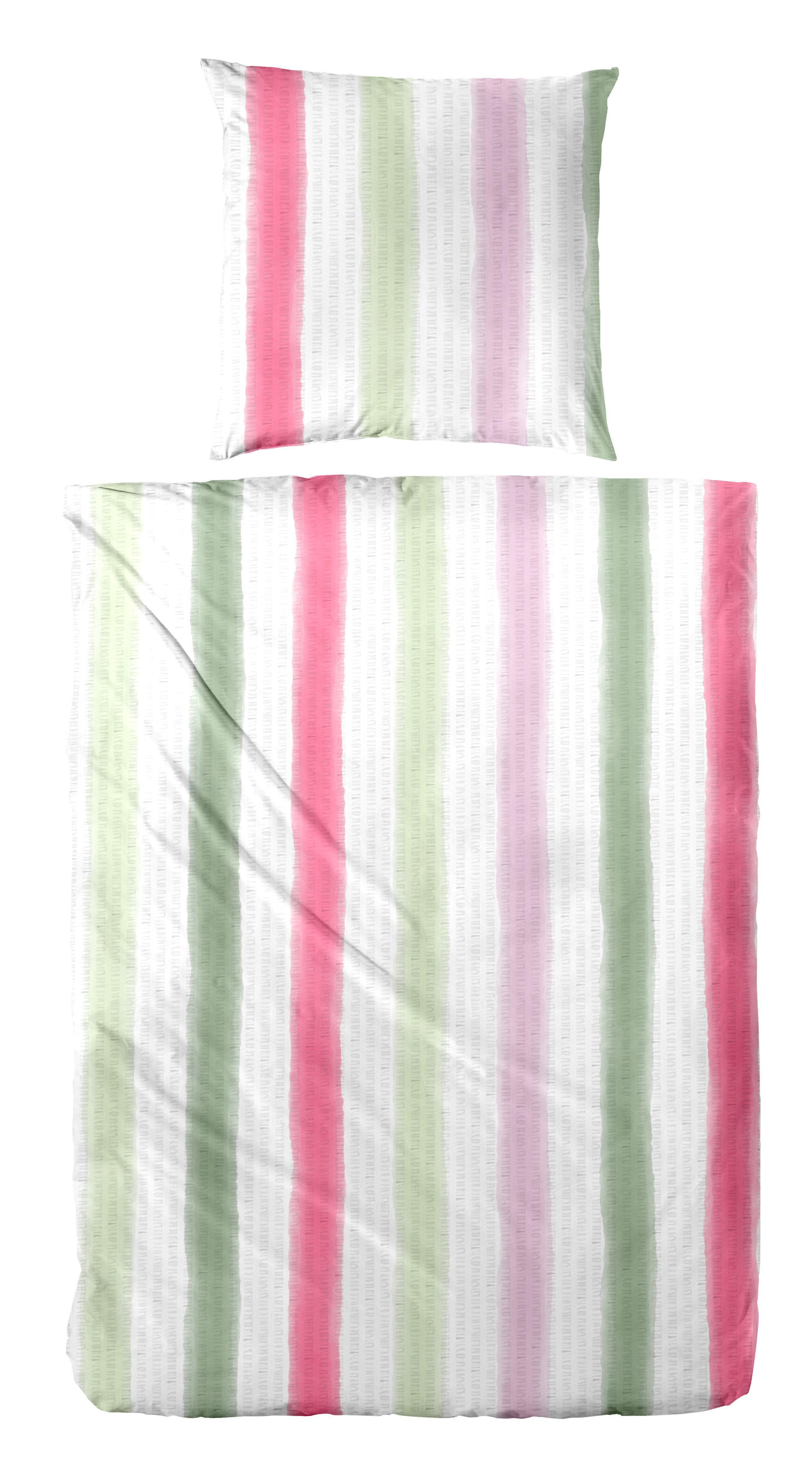 Baumwoll-Seersucker-Bettwäsche - 135x200cm, grün-pink, 100% Baumwolle