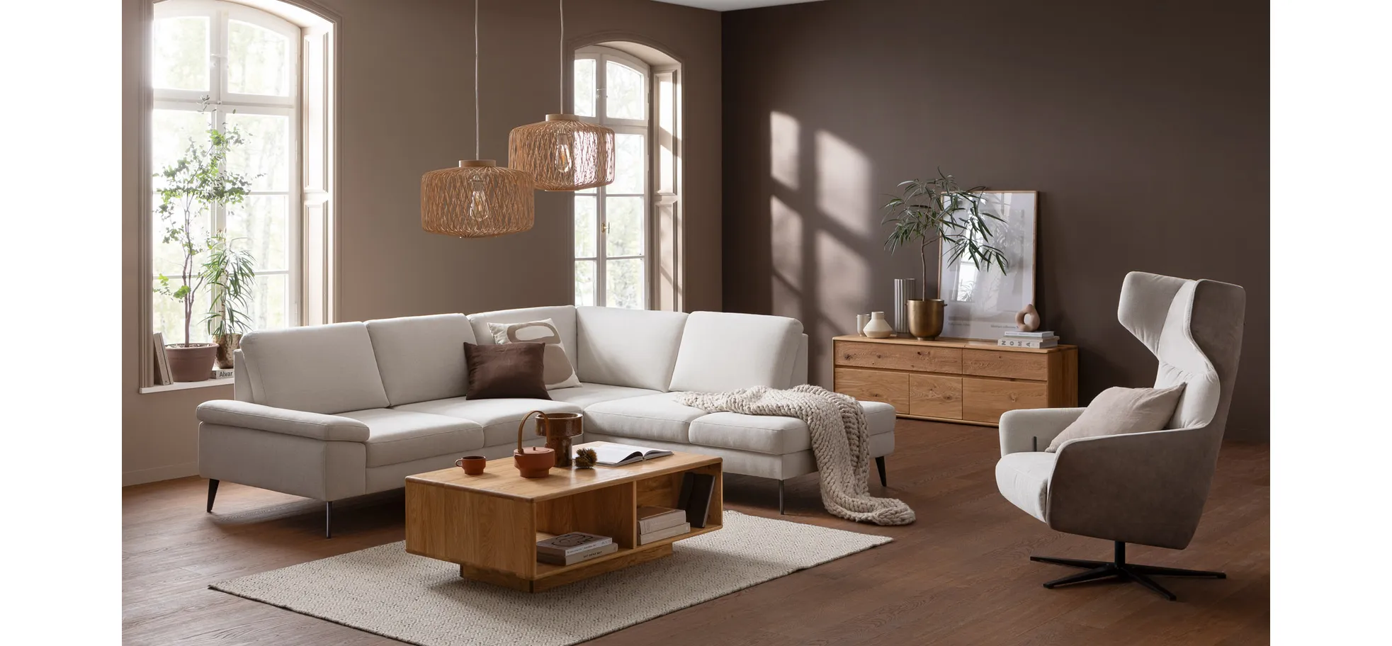 Ecksofa Houston - 2,5-Sitzer, Eckelement und 1-Sitzer mit Abschlussteil rechts,  inkl. Sitztiefenverstellung und Armlehne klappbar, Stoff, Natur