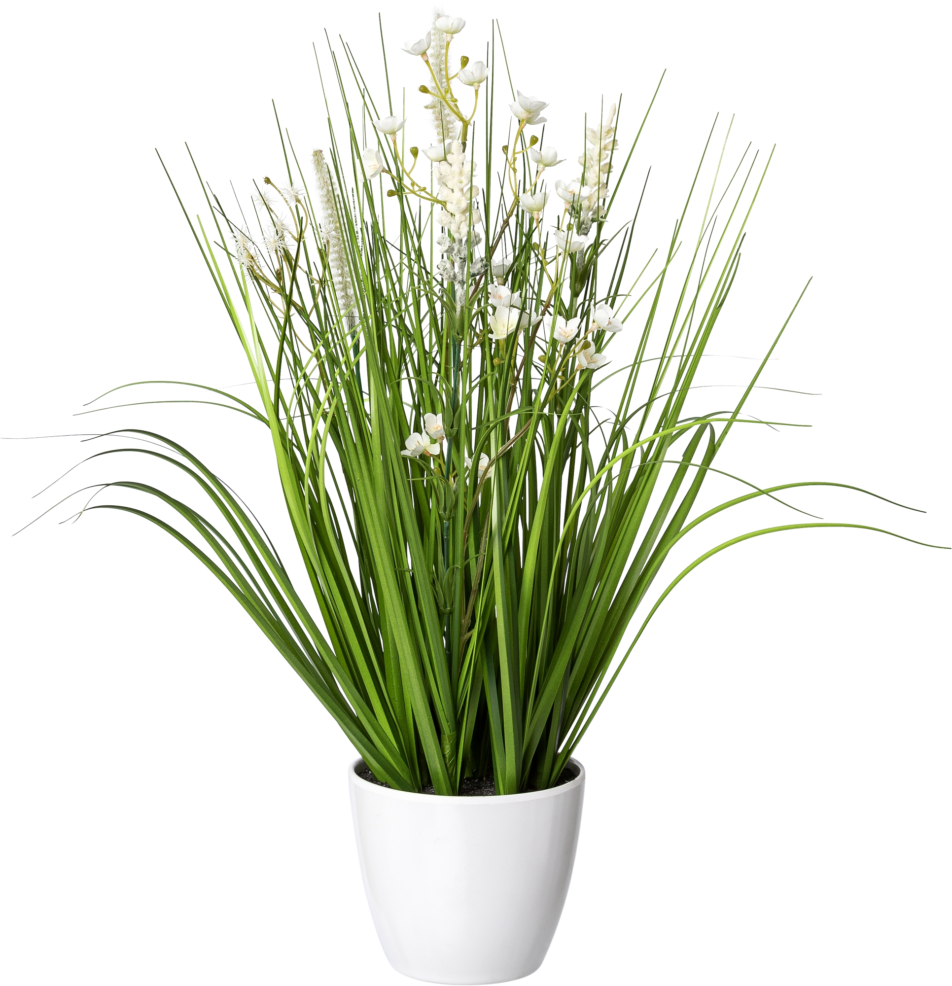 Kunstgras - Blüten-Gras-Mix im weißen Topf, 46 cm