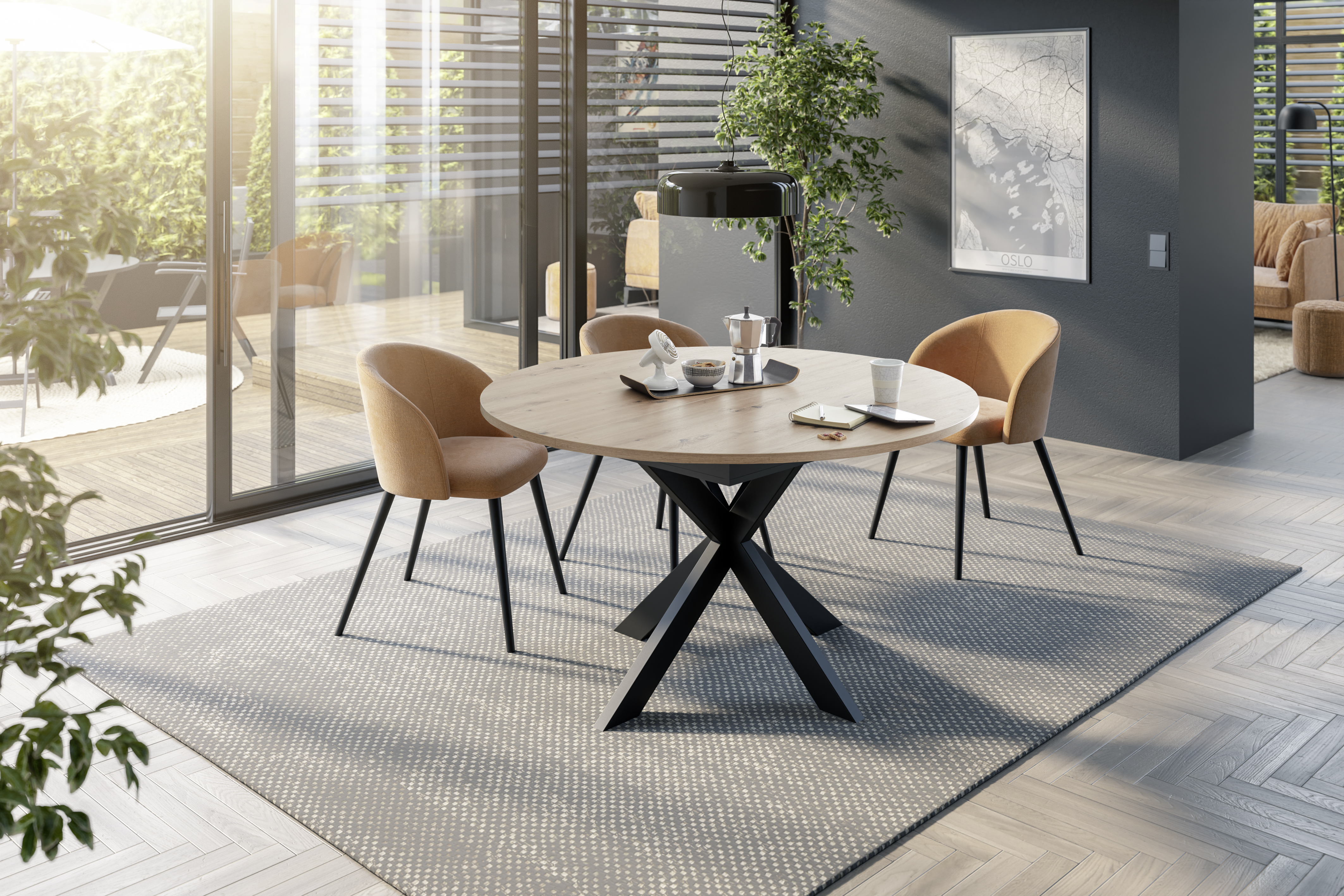 Esstisch, rund, asteiche Dekor, ausziehbar - Multi-TS