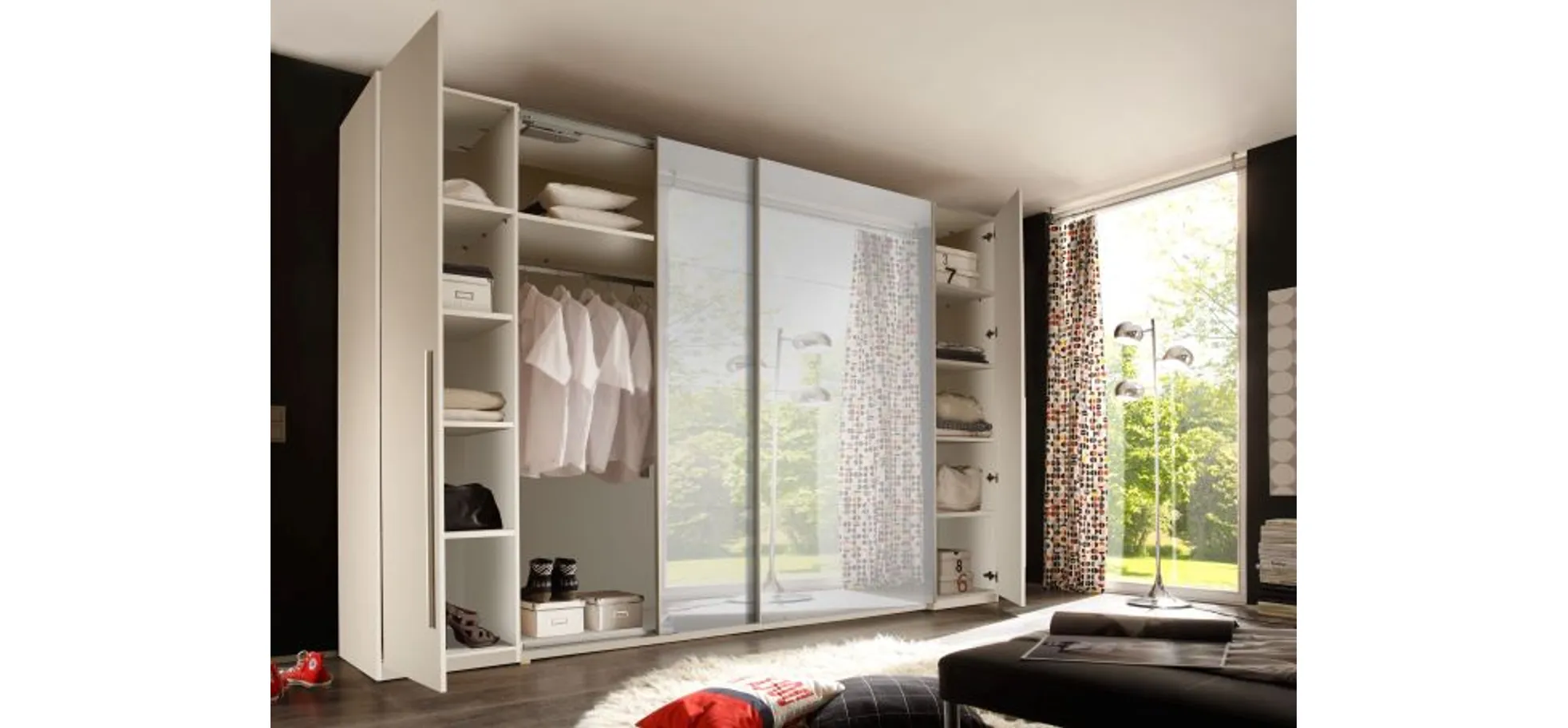 Schwebe-/Drehtürenschrank- B ca. 270 cm, Weiß, Spiegel