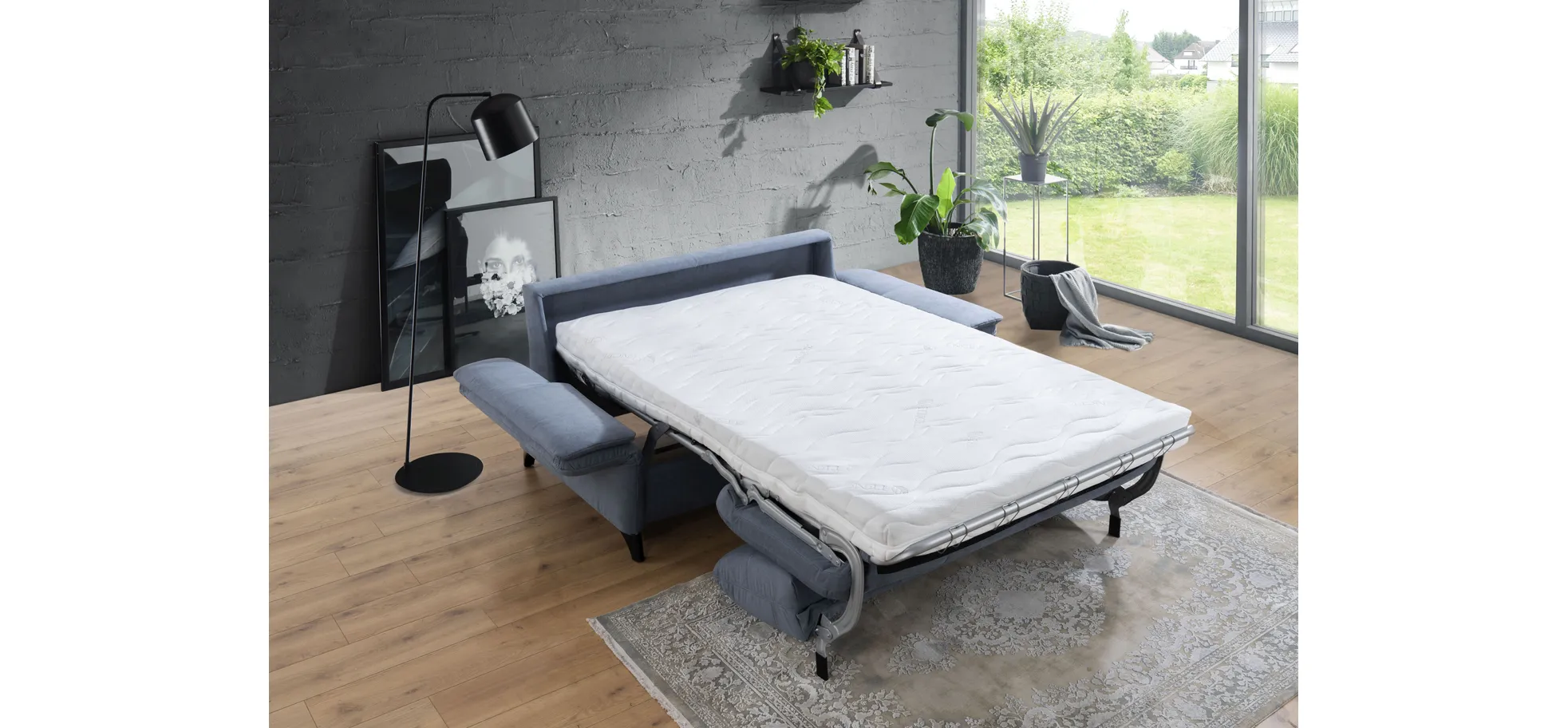 Sofa - 2,5-Sitzer mit Schlaffunktion, Armlehne verstellbar, Stoff, Graublau