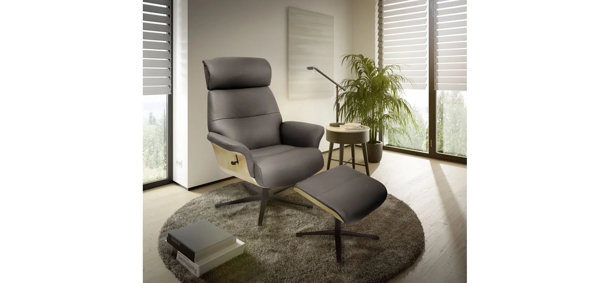 Relaxsessel mit Hocker, Leder dunkelbraun - Moani