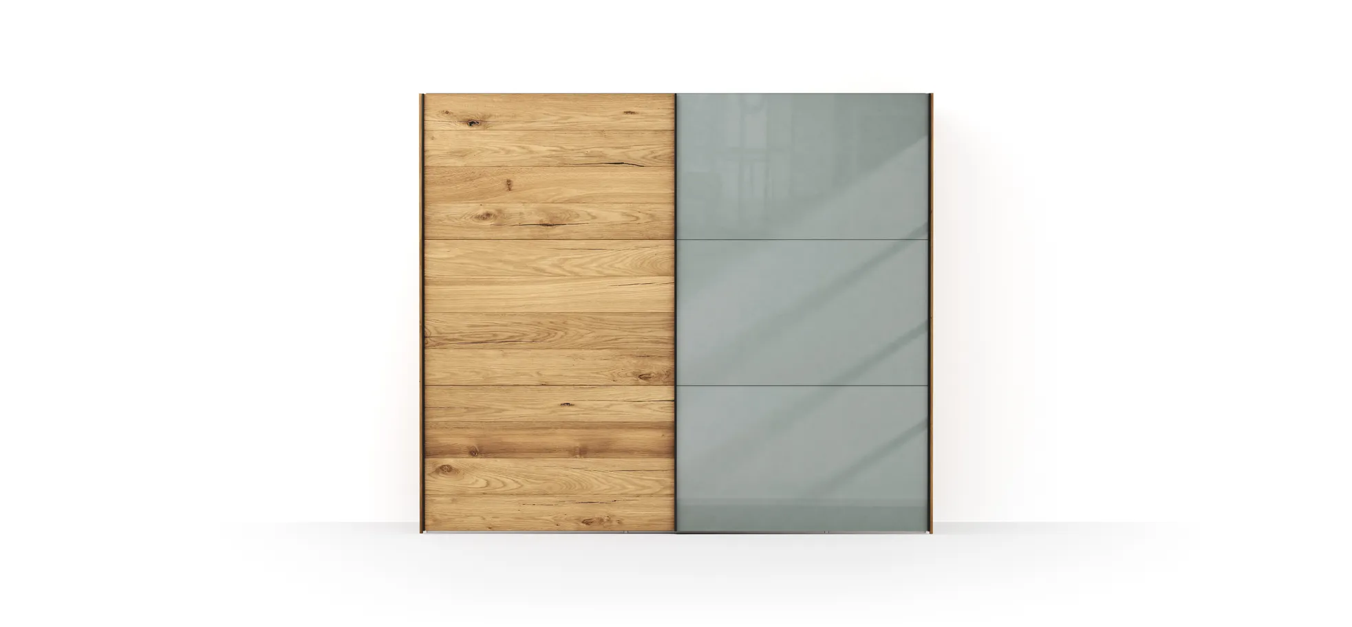 Schwebetürenschrank Colorado - B. ca. 257 cm, Eiche, Glas Graugrün
