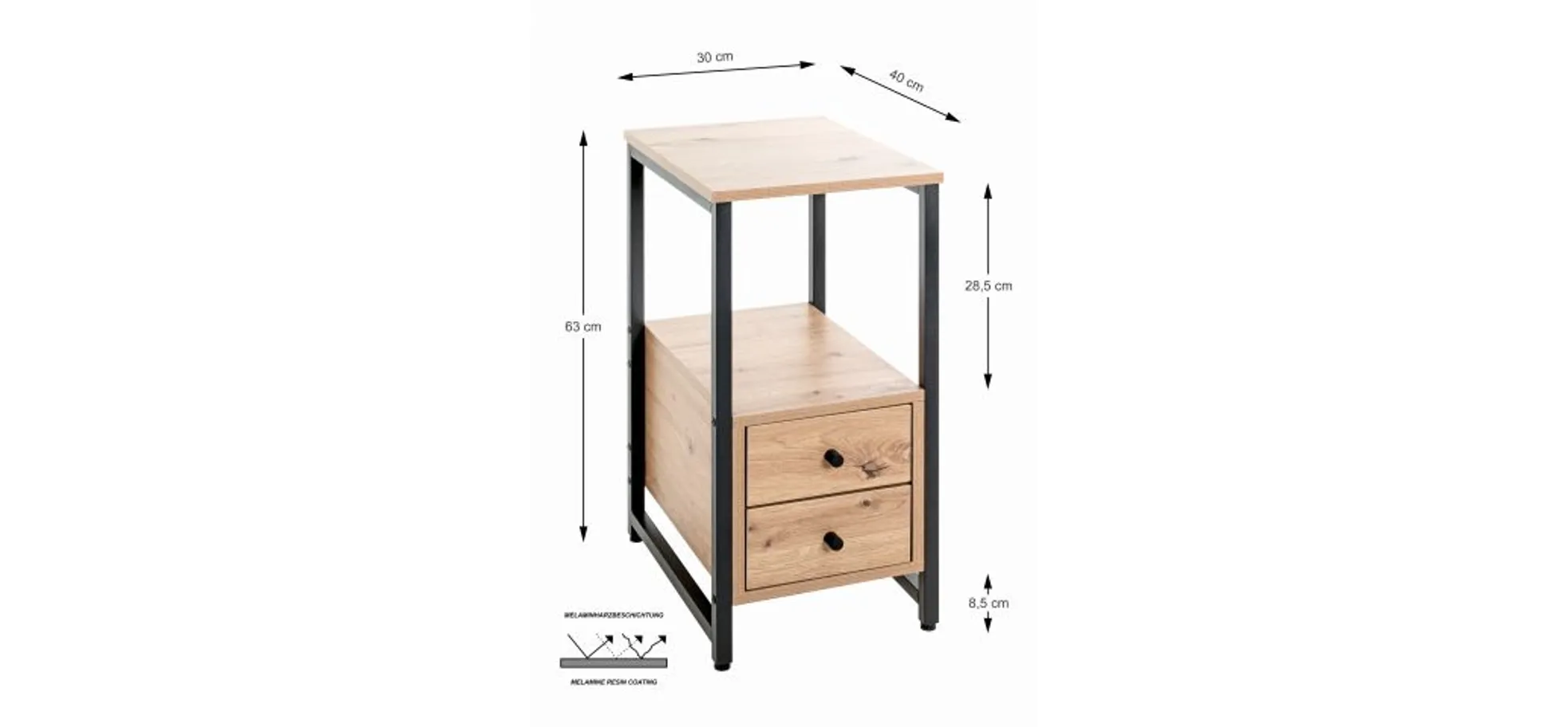 Beistelltisch - B/H/T ca. 30x63x40 cm, Eiche Nachbildung, Schwarz