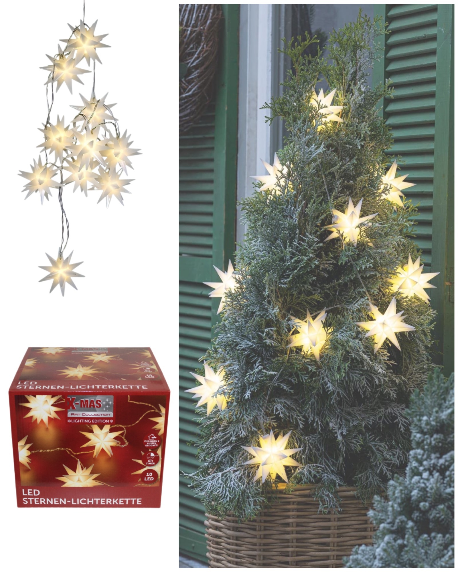 LED-Lichterkette mit 10 Sternen LED mit Timer - weiß, Batteriebet. (ohne Batt.)