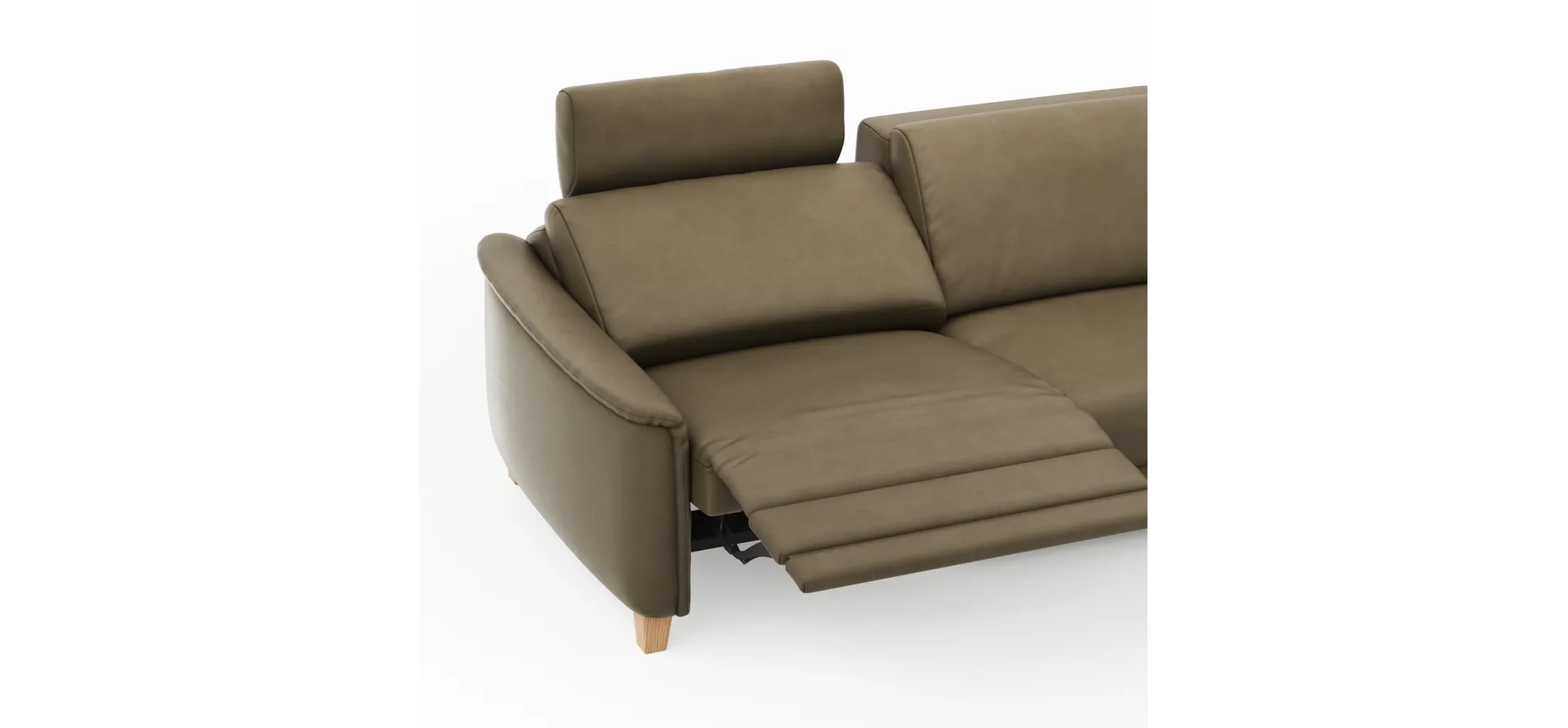 Ecksofa Mendoza - 2,5-Sitzer mit Longchair rechts, Relaxfunktion motorisch, Bettkasten, Leder, Braungrün