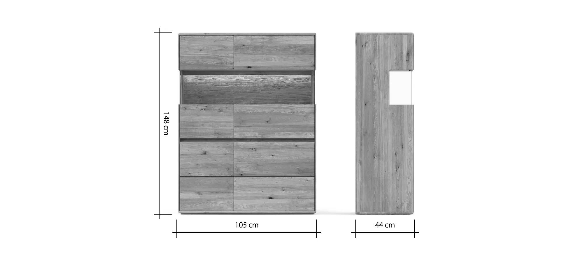 Highboard Hillsboro - inkl. Beleuchtung, Wildeiche natur, geölt