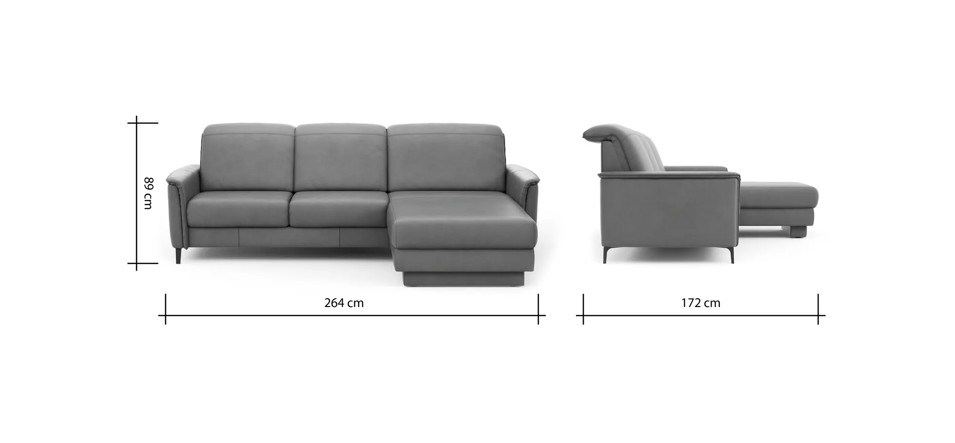 Ecksofa Bolivien - 2,5-Sitzer mit Longchair rechts, Kopfteil verstellbar, Leder Steel