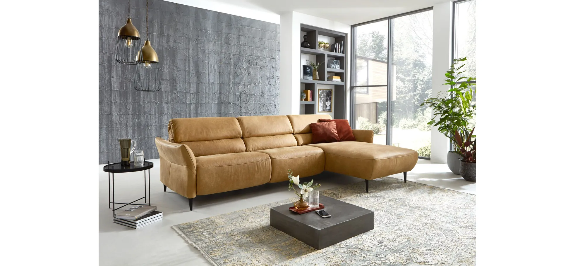 Ecksofa - 3-Sitzer mit Longchair rechts, Rückenlehne verstellbar, Leder, Kurkuma