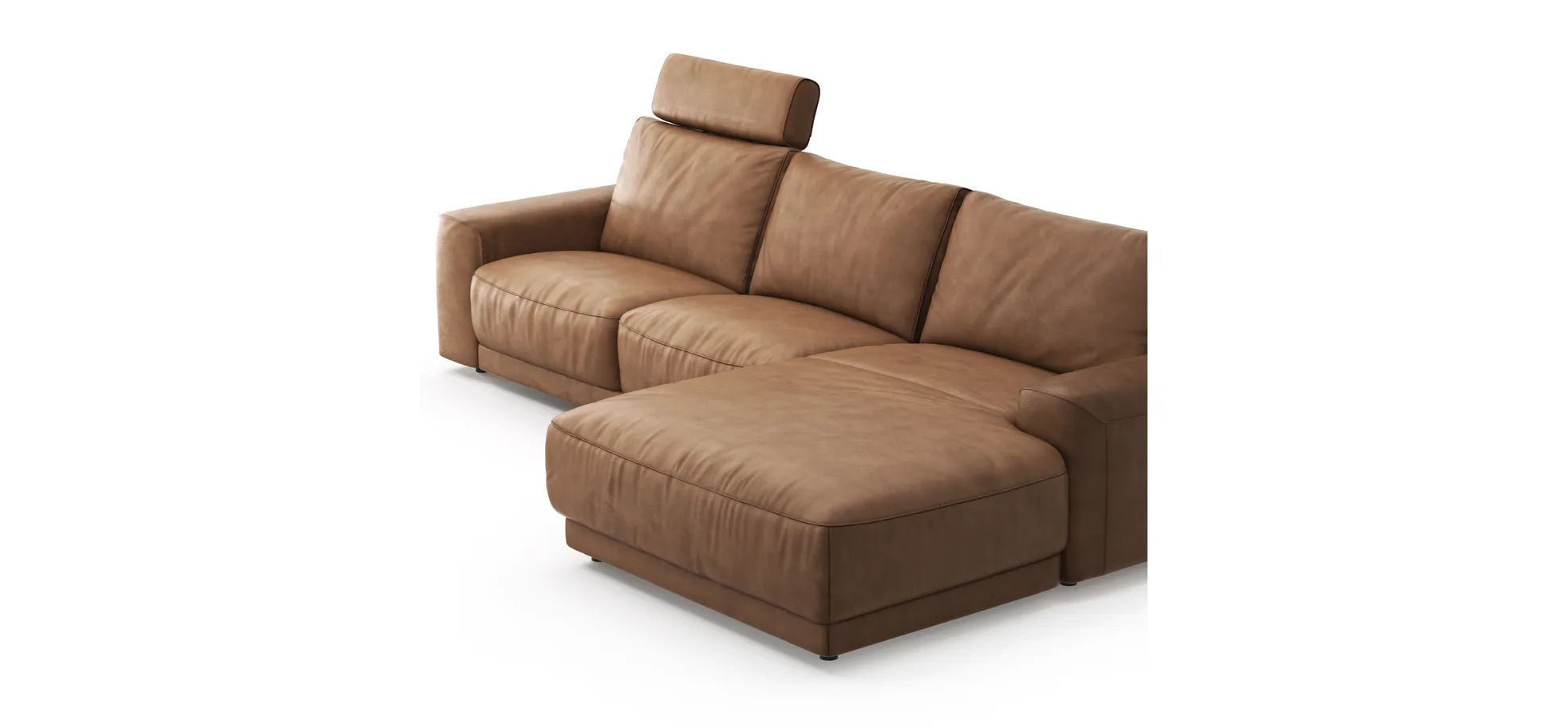 Ecksofa Balok - 2,5-Sitzer mit Longchair groß rechts, inkl. Relaxfunktion (motorisch) und Kopfstütze, Leder, Cognac