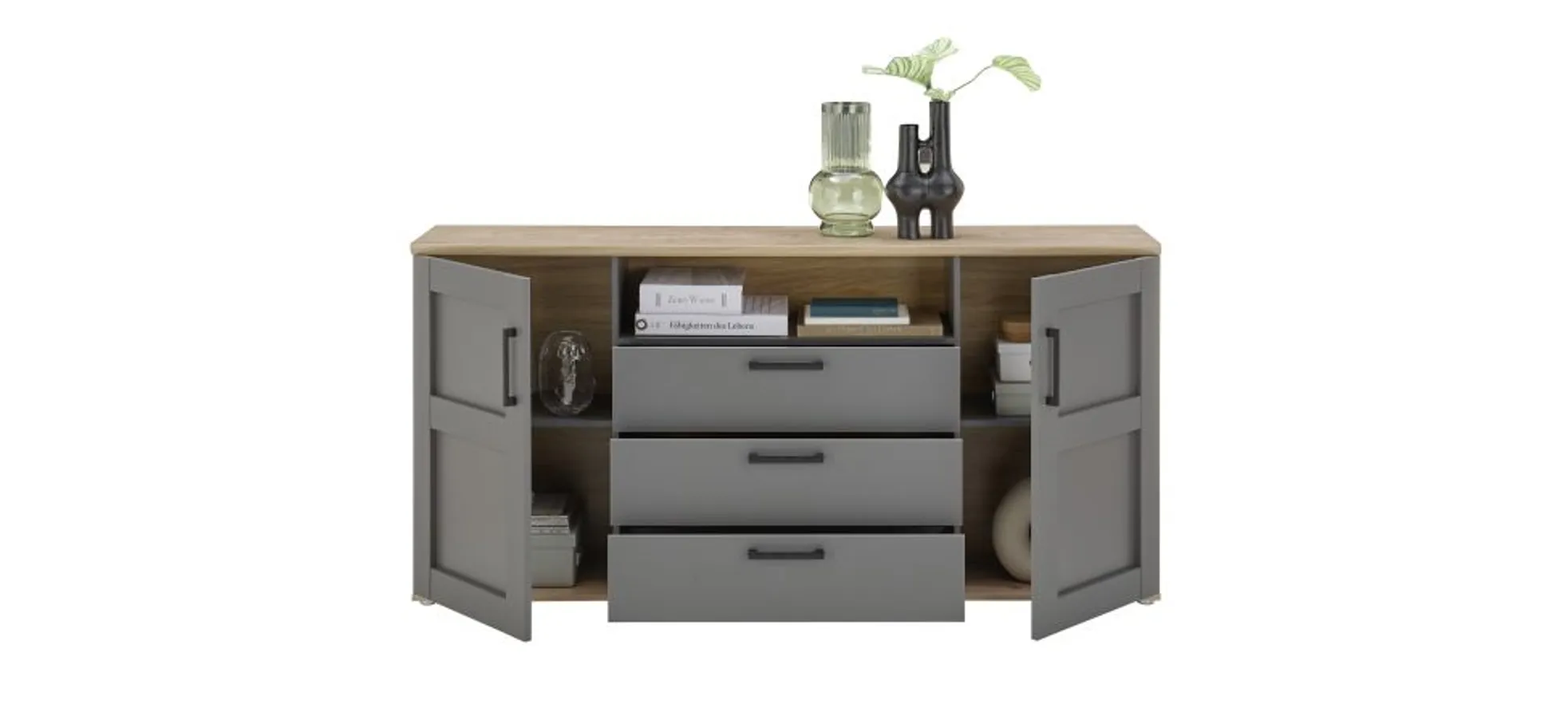 Sideboard - B ca. 186 cm, Grau, Artisan Eiche Nachbildung