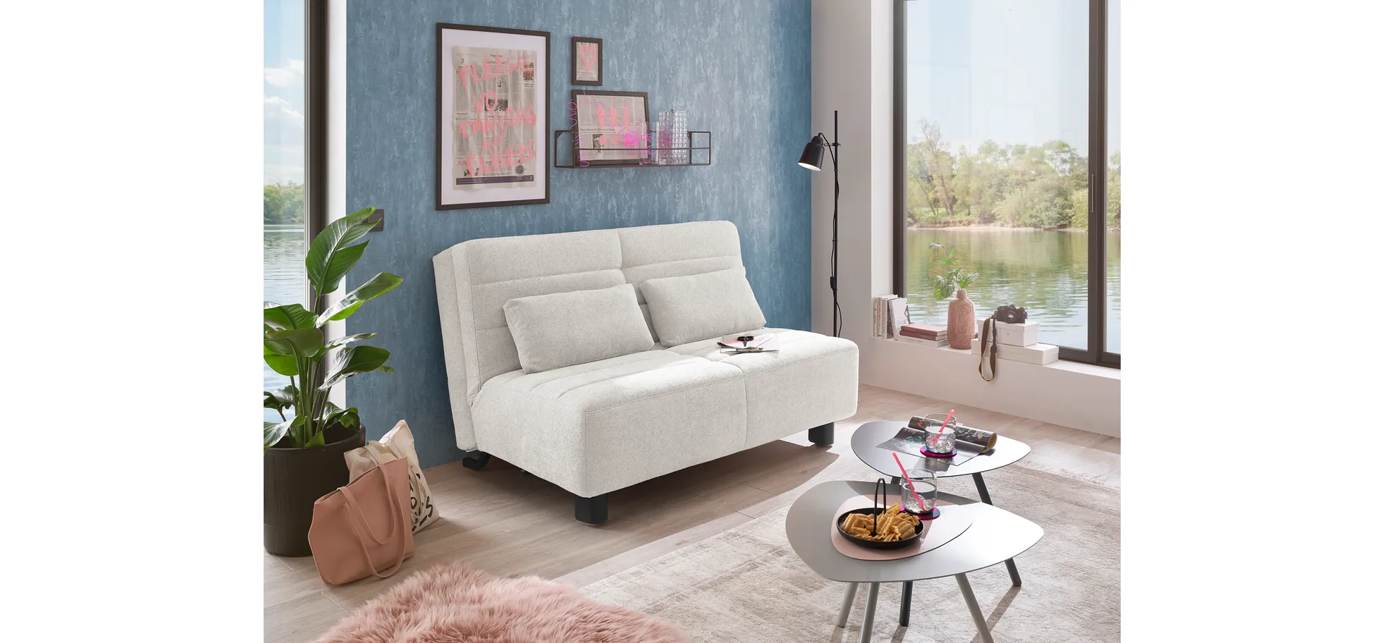  Faltsofa Easy - 2-Sitzer ohne Armlehne, ca. 140 cm inkl. Schlaffunktion, Stoff, Creme
