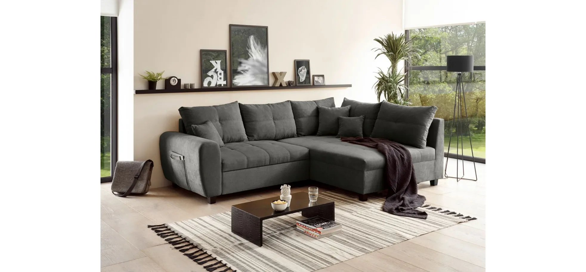 Ecksofa - 1,5-Sitzer, Ecke rechts, Schlaffunktion, Microvelour Steingrau