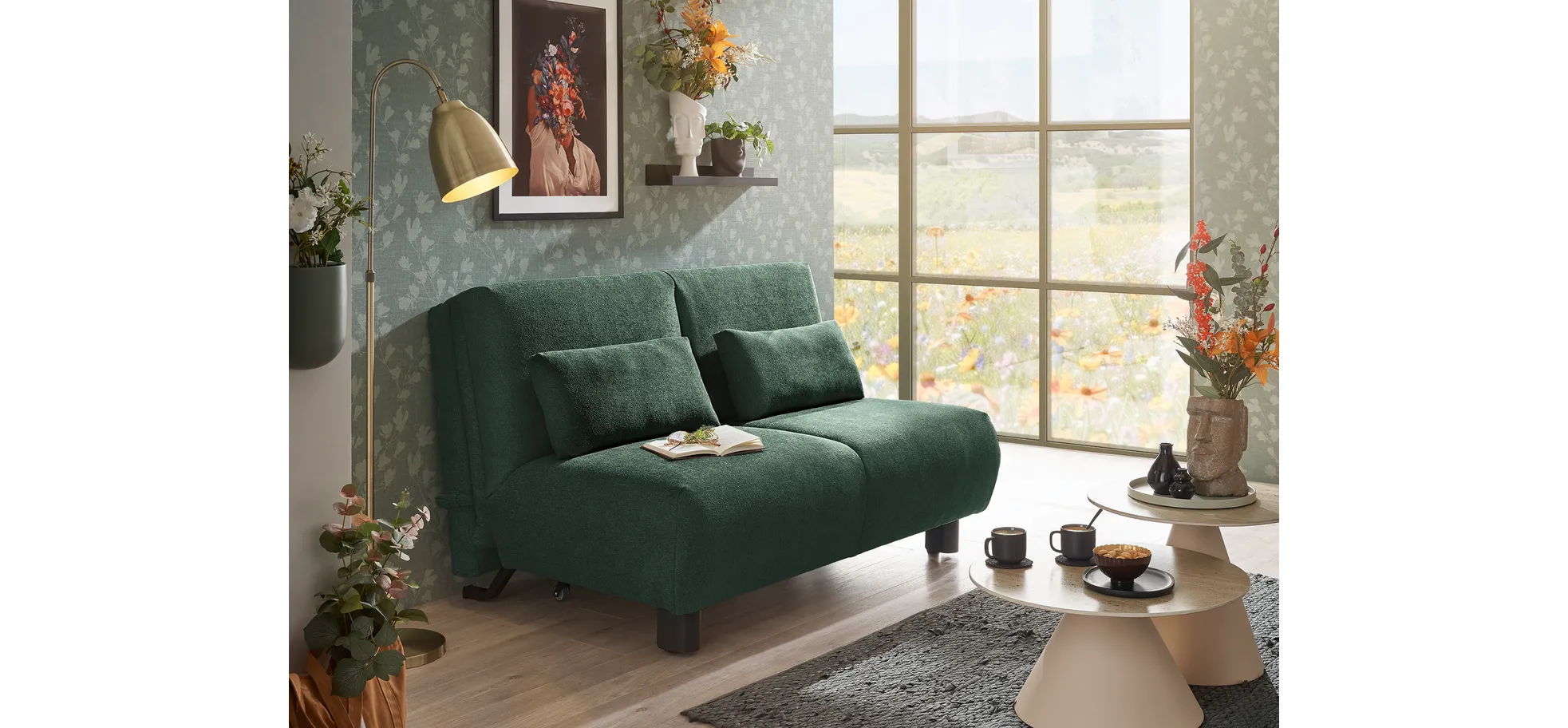  Faltsofa EBBY - 2-Sitzer ohne Armlehne, 140 cm inkl. Schlaffunktion, Stoff, Dunkelgrün