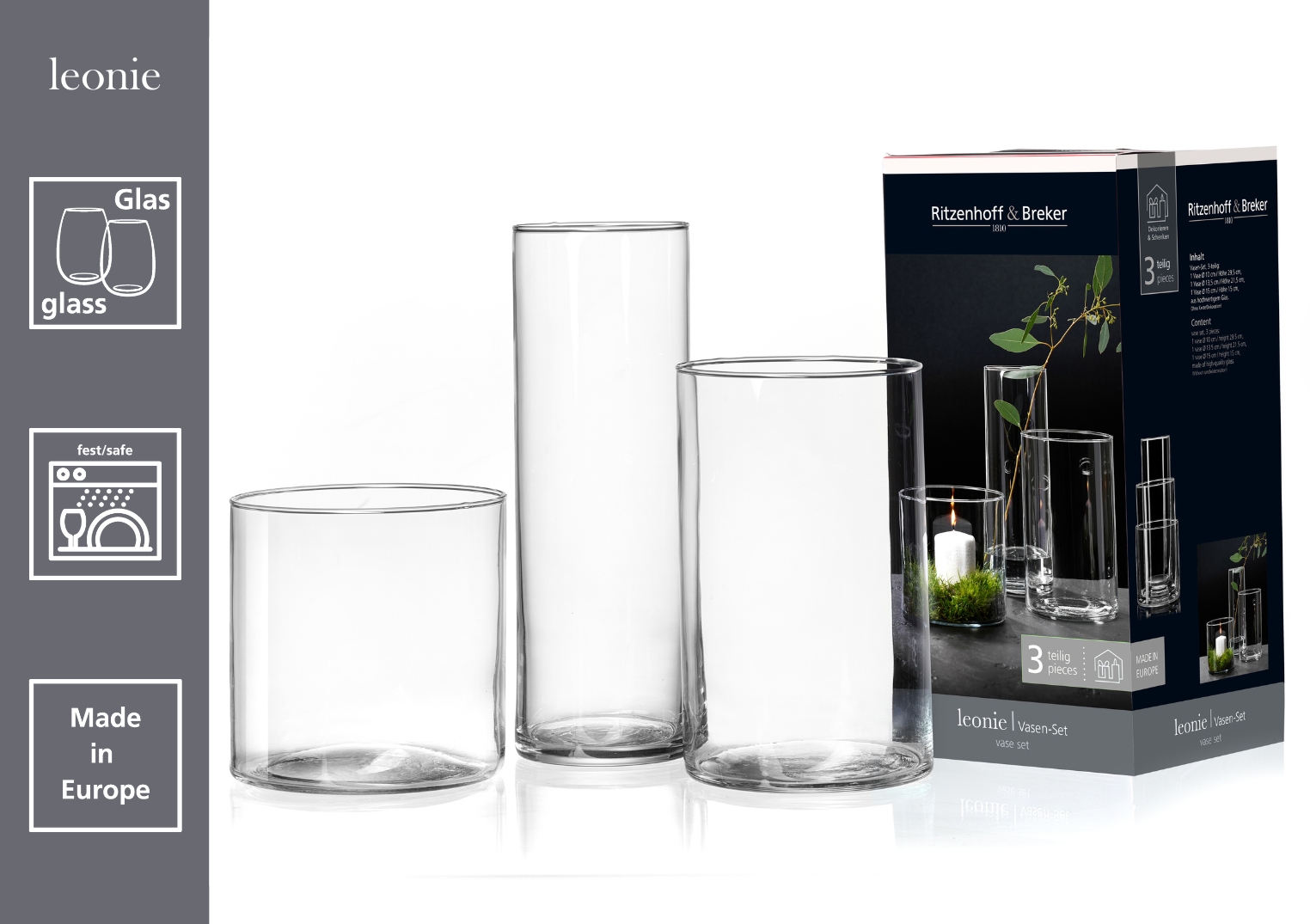 Vasenset Leonie, 3-Tlg. - Glas, Höhe 15cm, 21,5cm, 29,5cm