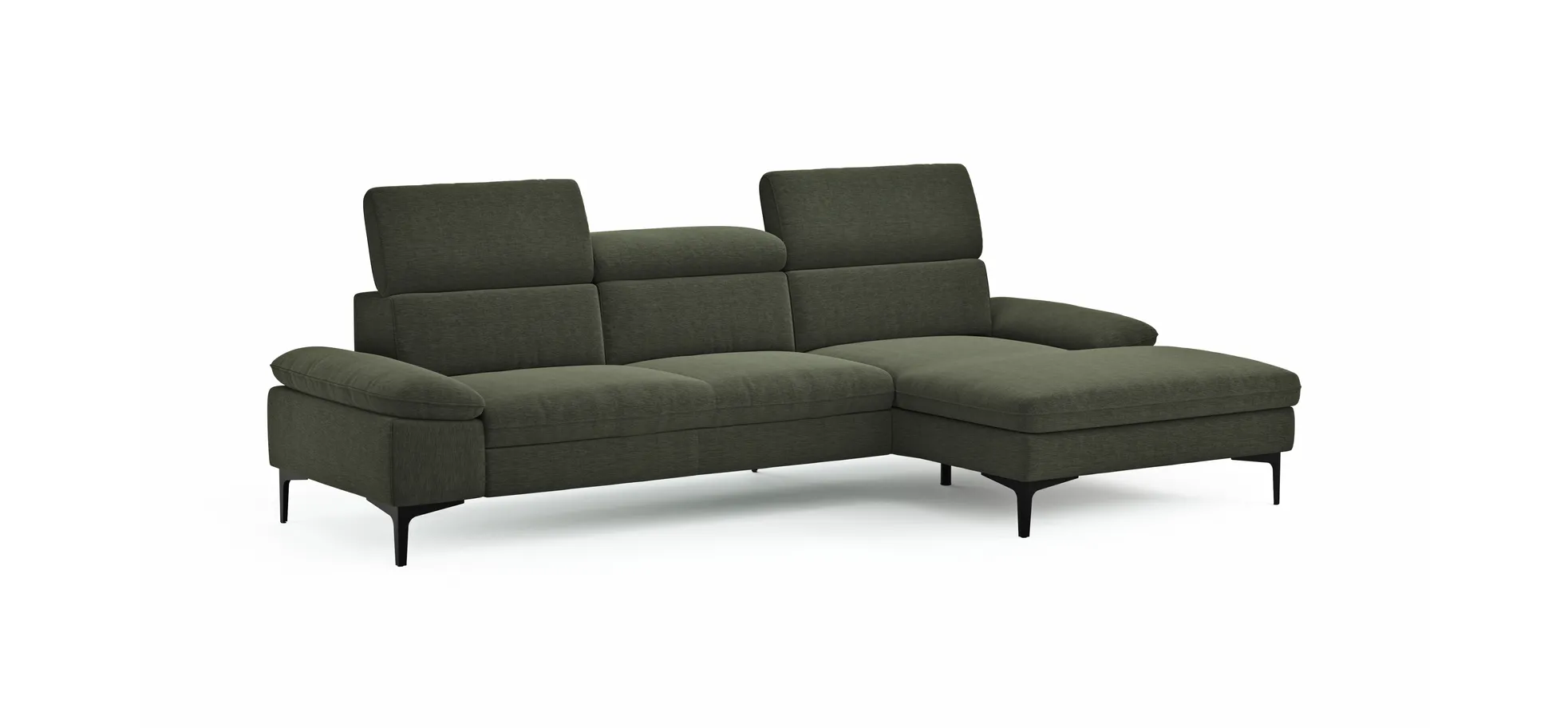 Ecksofa Felipa - 2,5-Sitzer mit Longchair rechts inkl. Kopfteil verstellbar, Stoff, Dunkelgrün