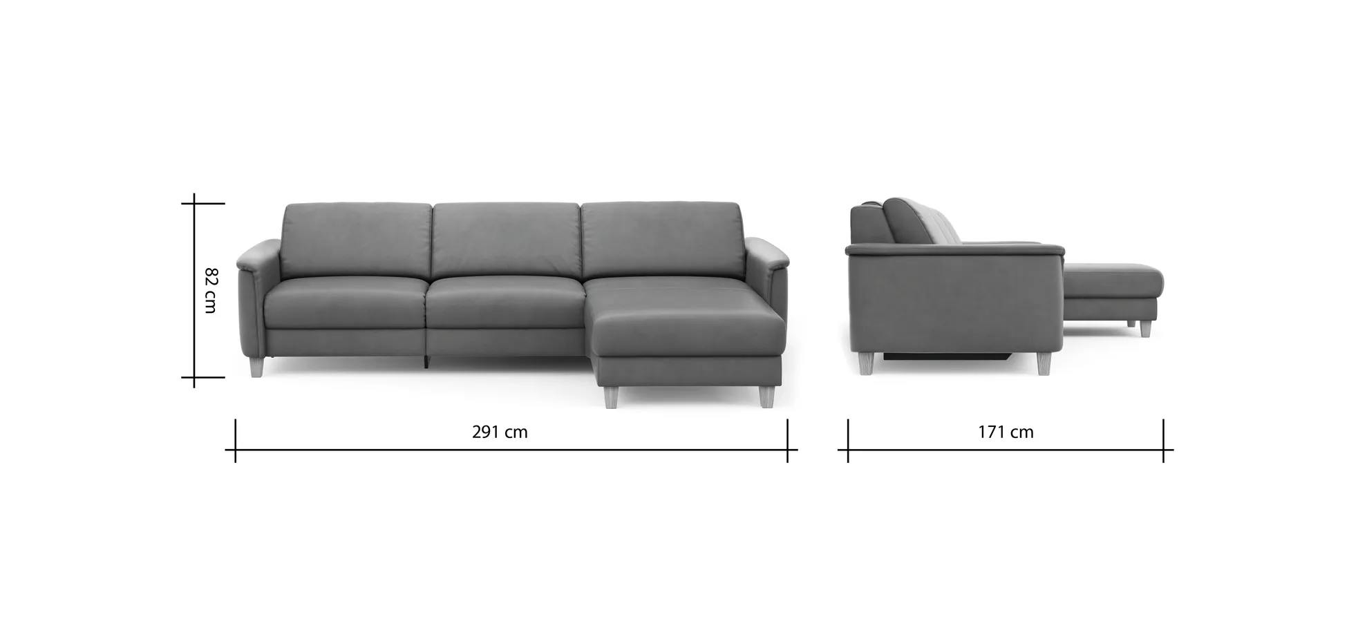 Ecksofa Mendoza - 2,5-Sitzer mit Longchair rechts, Relaxfunktion motorisch, Bettkasten, Leder, Braungrün